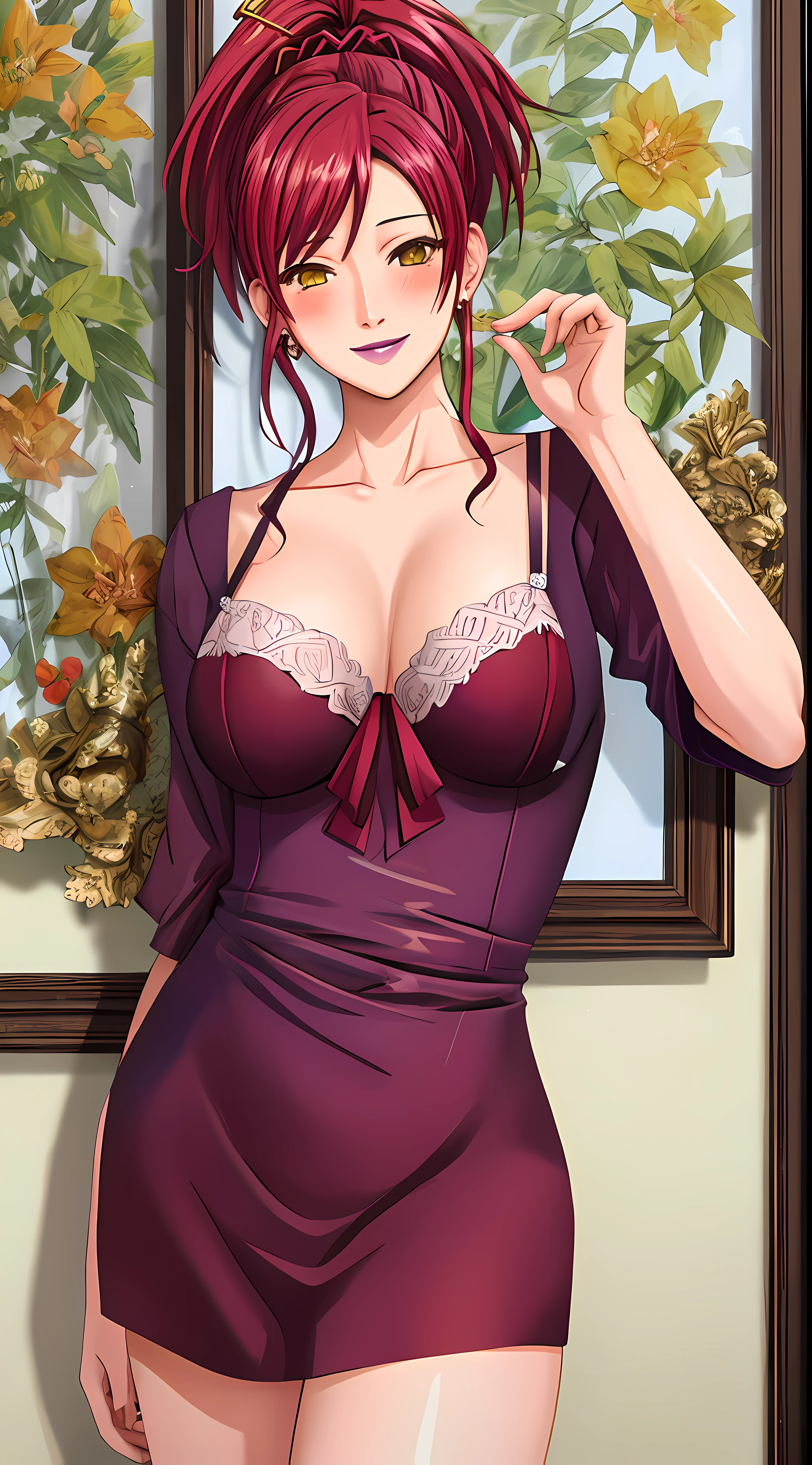 (Masterpiece, Best Quality, High Quality:1.4), professional artwork, Intricate Details, field of view, sharp focus, detailed painting, photorealistic lighting, trending on pixiv, (vivid lighting, vibrant colors:1.05), realistic shadows, ambient occlusion, 4K, Masterpiece, highres, absurdres, smiling,edgTemptation, a woman in a sexy lingerie sheered robe posing for a picture , wearing edgTemptation, Marie Mamiya, (red hair:1.05), hair ornament, lipstick, makeup, (mole under eye:0.9), ultra detail hair, ultra detail face, (yellow eyes:1.05), perfect eyes, perfect face, earrings, (seductive look, blush:1.2), (glowing eyes)