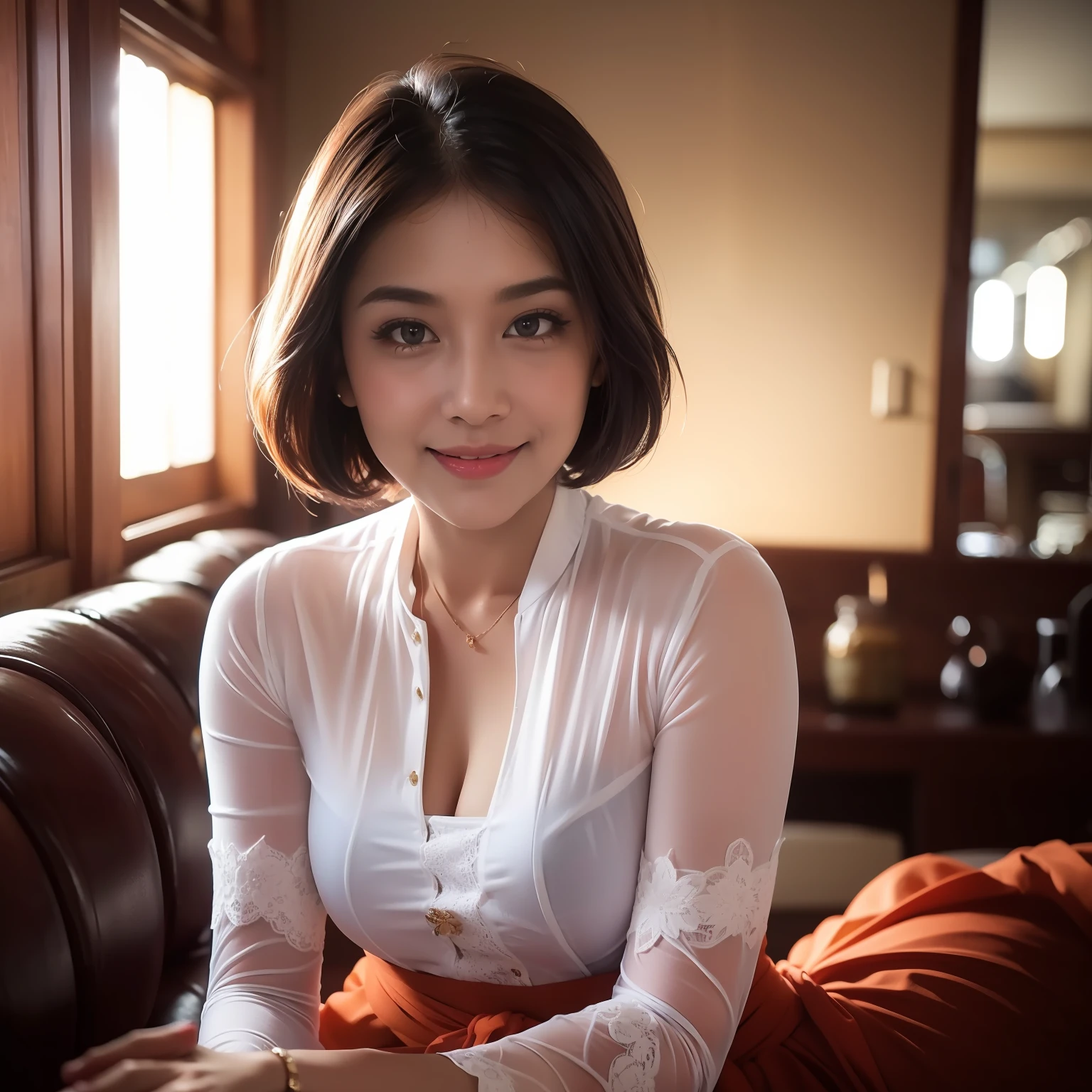 (8k, best quality, masterpiece:1.2), (red_kebaya_bali), (realistic, photo-realistic:1.37), ultra-detailed, 1 girl, cute, solo, beautiful detailed sky, detailed cafe, night, sitting, dating, (nose blush), (smile:1.15), (closed mouth) small breasts, beautiful detailed eyes, (collared shirt:1.1), night, wet, business attire, rain, white lace, (short hair:1.2), floating hair NovaFrogStyle,