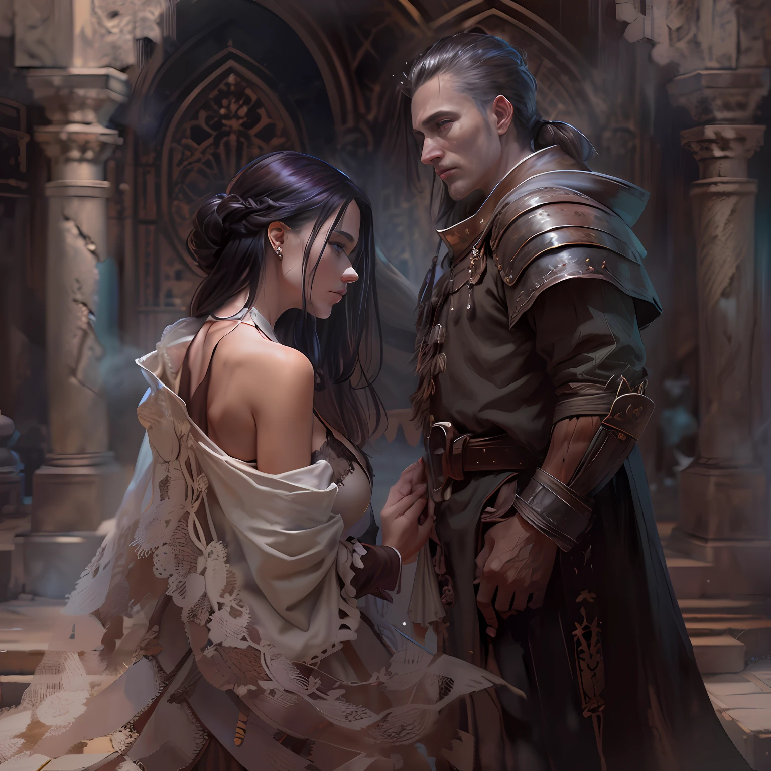 scenery, A huge ruined room with traces of battle, Duo of a woman and a man, side-view, Hi-Def, ultradetail, European facial features, realeme fentezi, Pattern, portraite of a, side glance: woman's, 46 years old, dark brown long hair, dark eyes, Frowning, A fighting look into the distance, dressed in an old shabby gray cloak,Beautiful handkerchief, wrapped around her head, Hands raised up, Clarity: 8 months, scenery: side view Huge throne room with large windows, A 46-year-old woman in an old raincoat stands near a throne, Ao fundo, Near the throne, A man hugs a woman by the shoulders, Rear side view: A man hugs a woman by the shoulders, Standing behind the throne of steam (((male)), fashion photography, (Full portrait), (half), 独奏, Detailed background, Detailed Face, (stonepunkAI, Stone theme:1.1), wise, (beautiful hair, braid: 0.2), shaman, The partition is harsh, mysterious, (Gorgeous face), Stunning, The head is tilted upwards, (calm expression on his face), Calm, Intimate Interaction. detailed clothes, realistic skin texture, Clear Focus, voluminous lighting, Good moments, Good shadows, sub-surface Scattering, Complex, Highly detailed, ((film)), dramatic, (Highest Quality, Award-winning, Masterpiece: 1.5), (Realism)