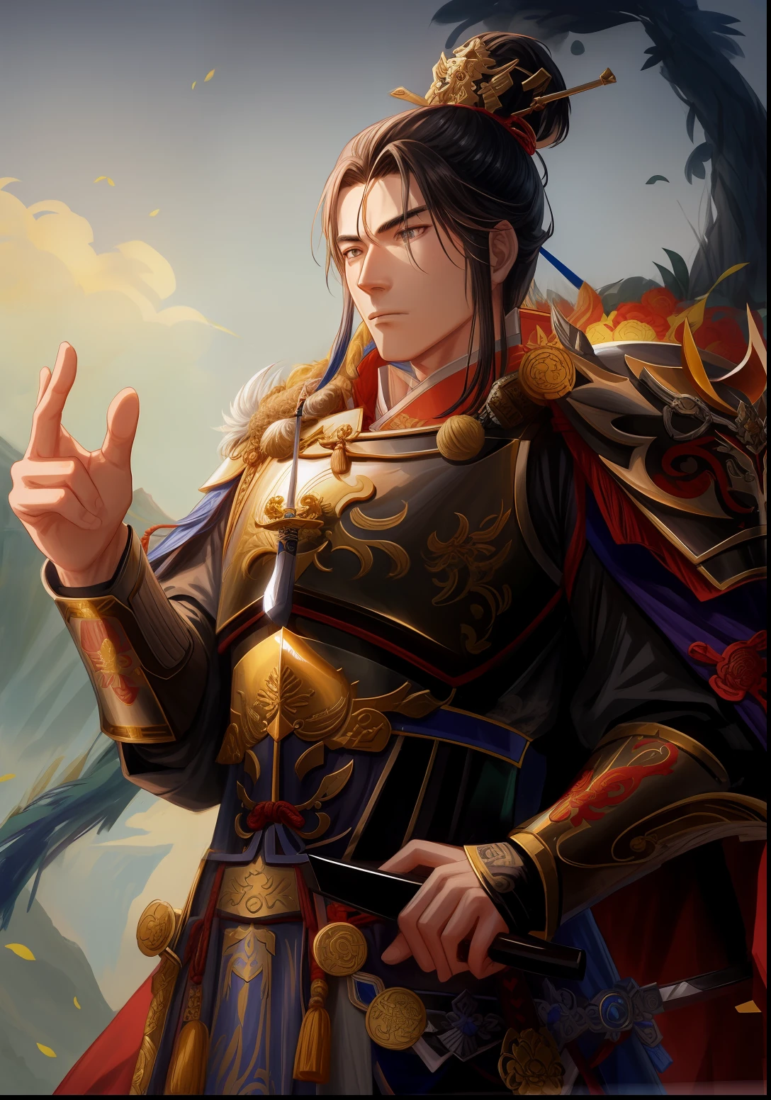 A man in armor holds a sword and points at something, bian lian, zhao yun, inspired by Li Kan, Inspired by Hu Zaobin, inspired by Park Hua, Inspired by Huang Shen, by Yang J, Chinese Warrior, heise jinyao, inspired by Zhang Wo, Inspired by Zhao Yuan, G Liulian art style, inspired by Wu Bin