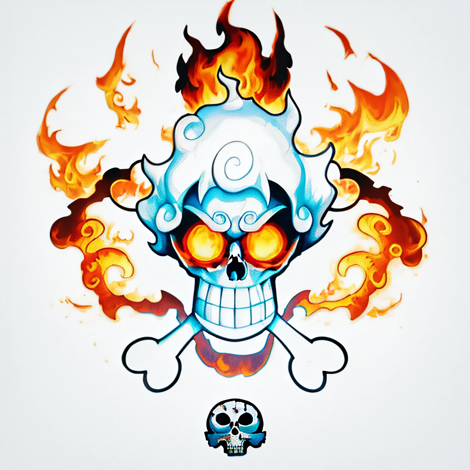 cartoon skull with white flames and a crossbone on a white background, from one piece, white flaming skull, inspired by Eiichiro Oda, one piece artstyle, sanji, boney, luffy (one piece, fiery skull contemplating life, full color digital illustration, ((skull)), skull and bones, firey, spooky cartoon skull, fifth gear, style of eiichiro oda