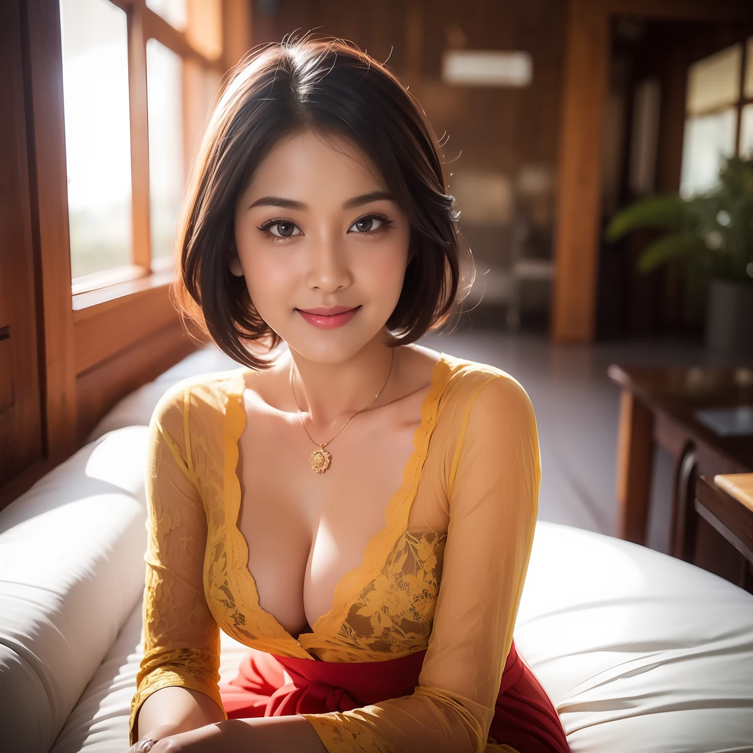 (8k, best quality, masterpiece:1.2), (red_kebaya_bali), (realistic, photo-realistic:1.37), ultra-detailed, 1 girl, cute, solo, beautiful detailed sky, detailed cafe, night, sitting, dating, (nose blush), (smile:1.15), (closed mouth) small breasts, beautiful detailed eyes, (collared shirt:1.1), night, wet, business attire, rain, white lace, (short hair:1.2), floating hair NovaFrogStyle,