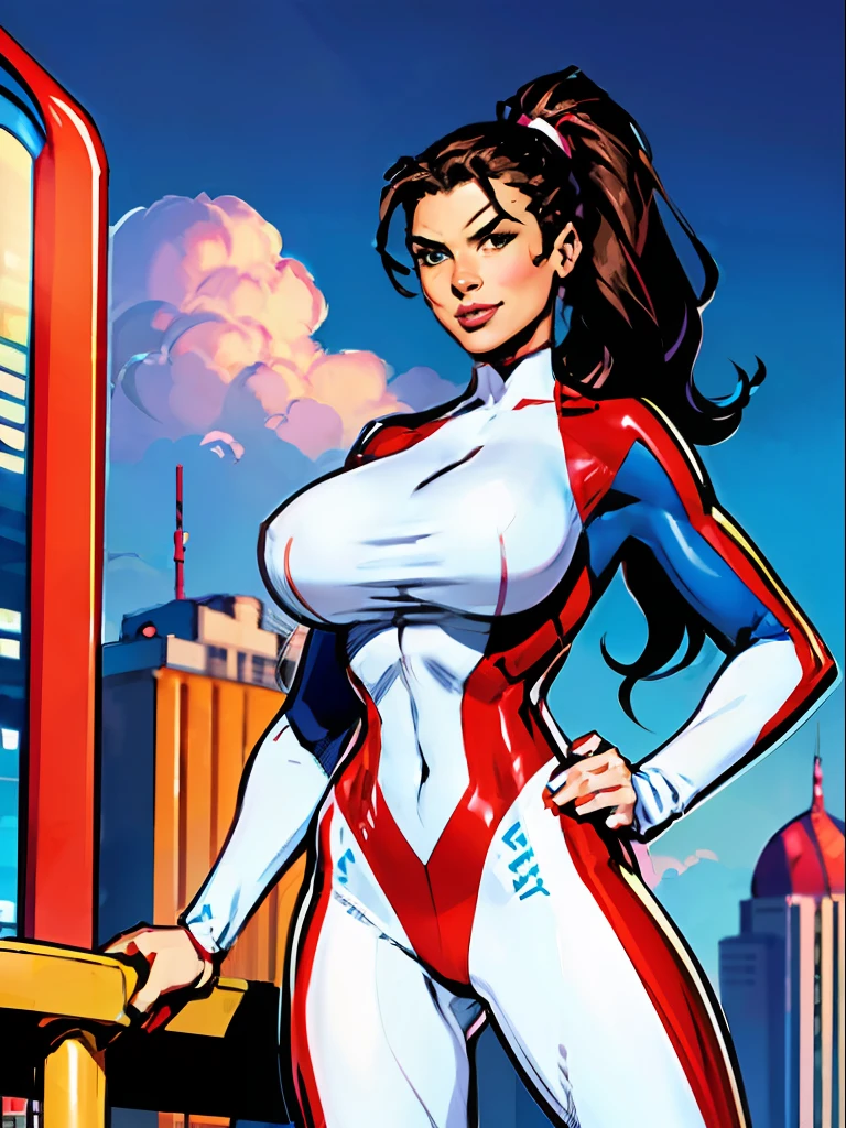 1girl, sexy pose, cheerful, posing for cameras, hands on hips, Stretcher the busty brunette comic book woman, happy, smiling, using her elastic powers, hand on hip, long hair, huge ponytail, slim, thin, athletic, womanly, rubbery, elastic woman, white and red spandex, rubber body, brunette, ((huge breasts)), city, heroic, cheerful, (bold nose, hawkish features),