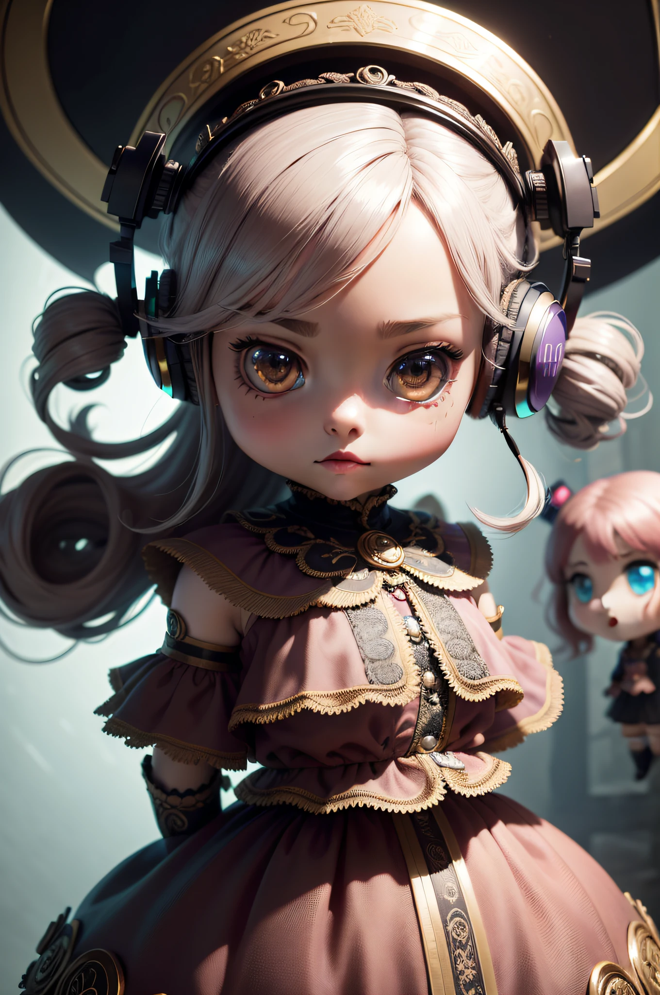 (Chibi doll a delightful girl with a huge beautiful hairstyle and headphones close-up:1.24) / Best quality, extremery best quality, masterpiece, realistic, intricate details, photorealistic, extremely intricate, highres, ultra highres, ultra detailed, ultra-detailed, absurdres, incredibly absurdres, extremely detailed, high quality, high resolution, hyperrealistic, ultra-realistic, hyper-detailed, top quality, best, fine detail, massive detail, Highly detailed, extreme detailed, highest detailed, high-res, absolutely resolution, reflection, refraction, hyperrealism / post-apocalypse, brutalism, gloomy atmosphere, dramatic, fantastic, stuning, epic /
