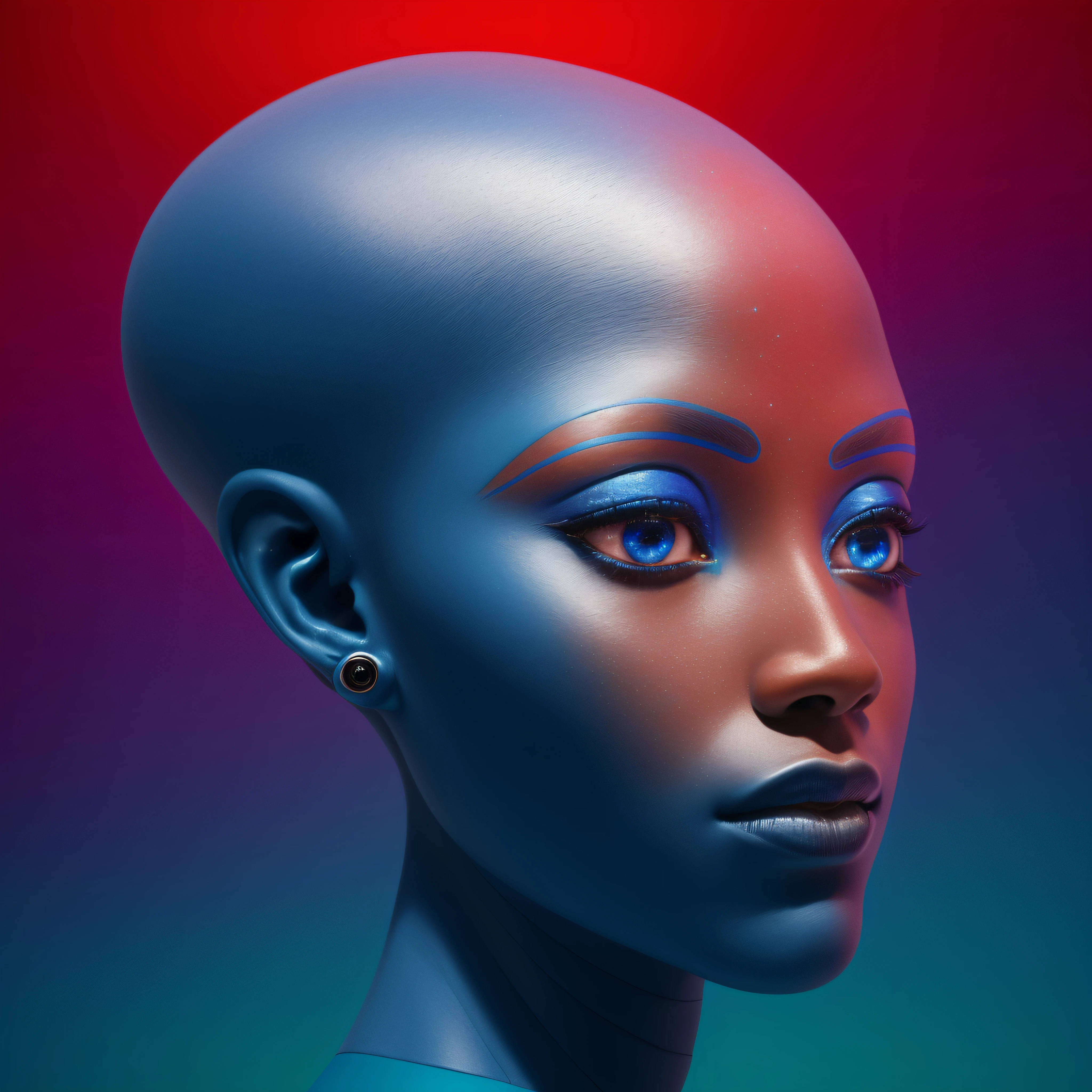 a closeup of a blue head with a galactic background, blue head, ((completely black alien eyes)), face azul claro, Seshat, Retrato do humanoide feminino, Portrait of a humanoid alien, careca, rosto humano com vermelho brilhante sim, testa azul neon, Retrato do humanoide feminino, rosto azul brilhante, sobrancelhas finas, kemetic, flat triangle - shaped head, com pele azul, blue holographic face, Afrofuturismo, pele avelulada azul