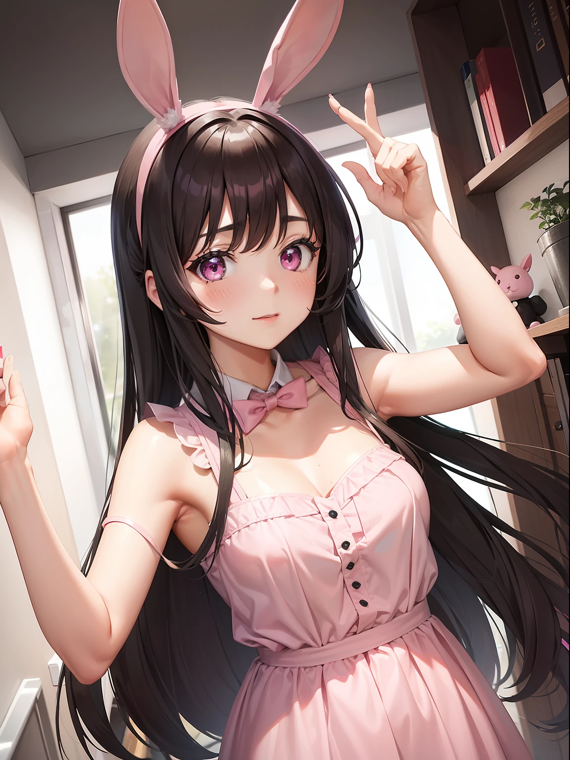 a women, pink bunny ears, black hair, pink eyes, pink dress