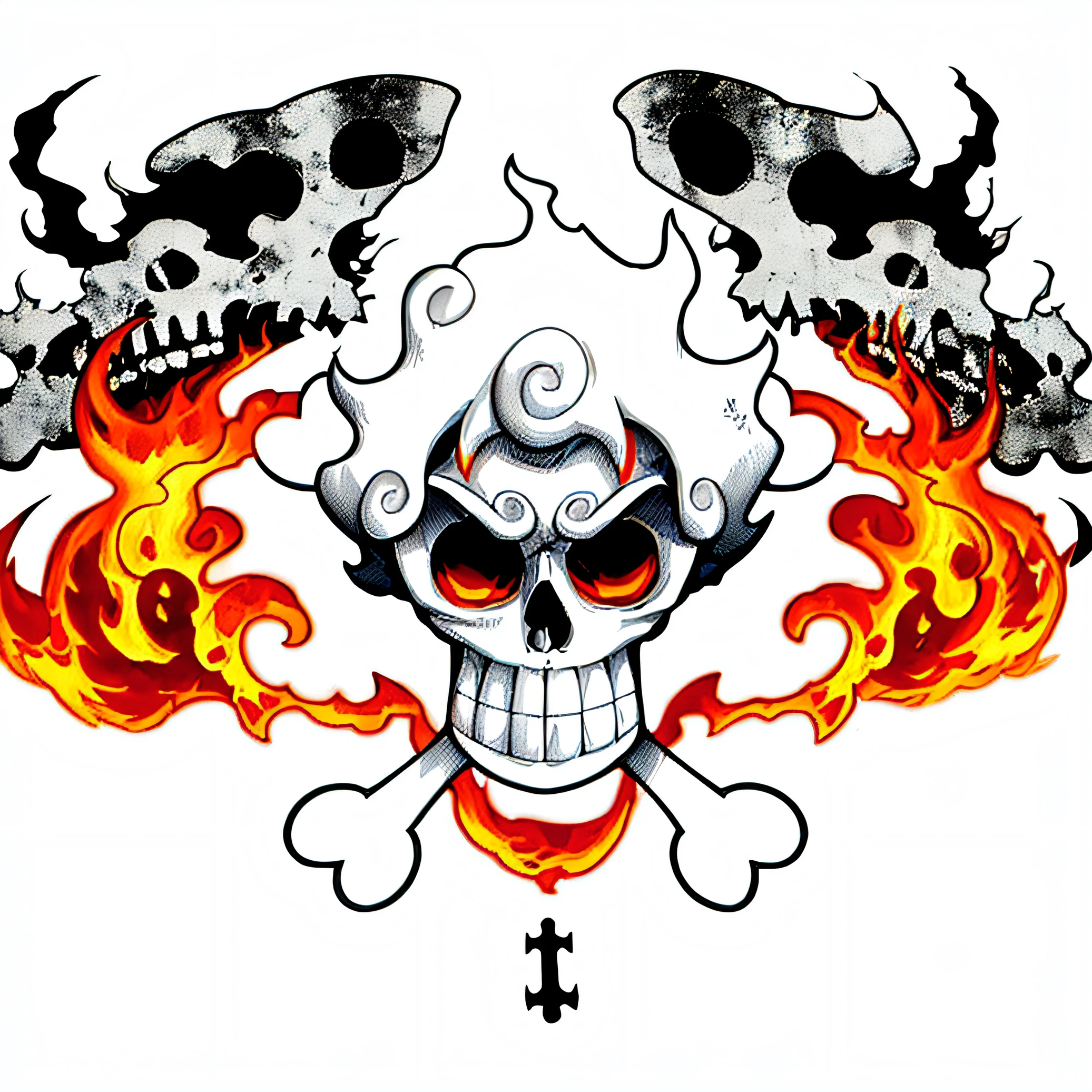 cartoon skull with white flames and a crossbone on a white background, from one piece, white flaming skull, inspired by Eiichiro Oda, one piece artstyle, sanji, boney, luffy (one piece, fiery skull contemplating life, full color digital illustration, ((skull)), skull and bones, firey, spooky cartoon skull, fifth gear, style of eiichiro oda