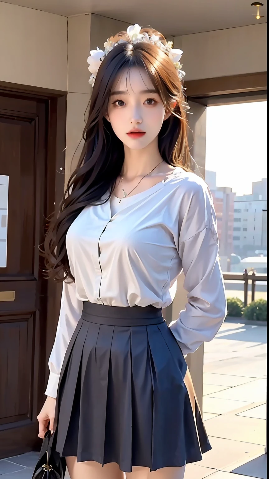 Masterpiece, Best Quality, (Realistic, Photorealistic Photo: 1.37), 8K, An Extremely Delicate and Beautiful, Amazing, Fine Details, Official Art, Ridiculous, Incredibly Ridiculous, Huge File Size, Ultra Detailed, Extremely Detailed, Beautiful Meticulous Girl, 1 Girl, (Perfect Female Figure), Full Body, Short Skirt,