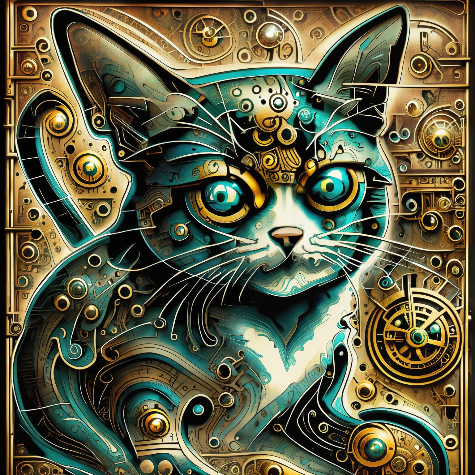 (steampunkai Jackson Pollock), uma gato Persa de lado em estilo steampunk, (32 k),USA ,super detalhado, muitas cores,flores e passaros