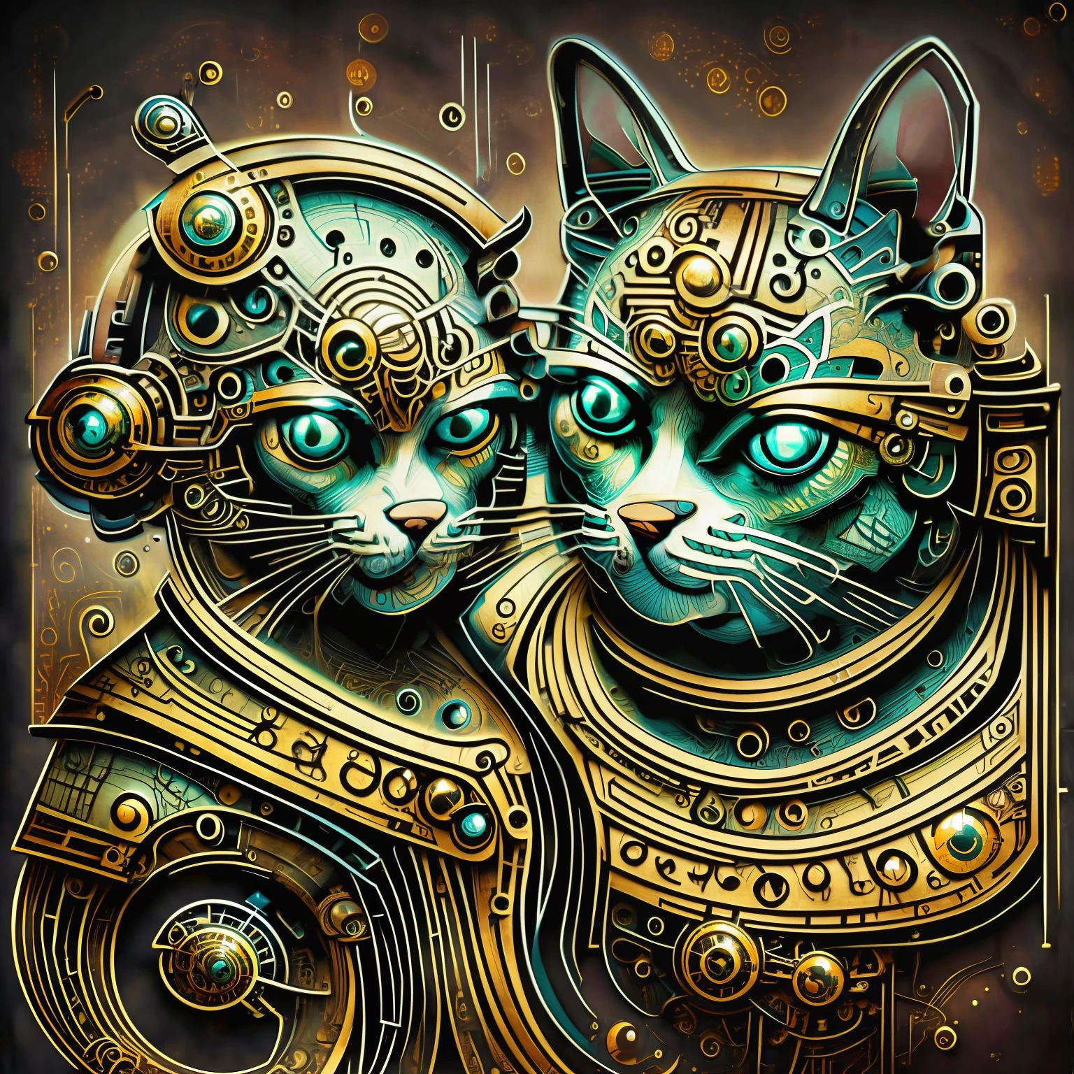 (steampunkai Jackson Pollock), uma gato Persa de lado em estilo steampunk, (32 k),USA ,super detalhado, muitas cores,flores e passaros