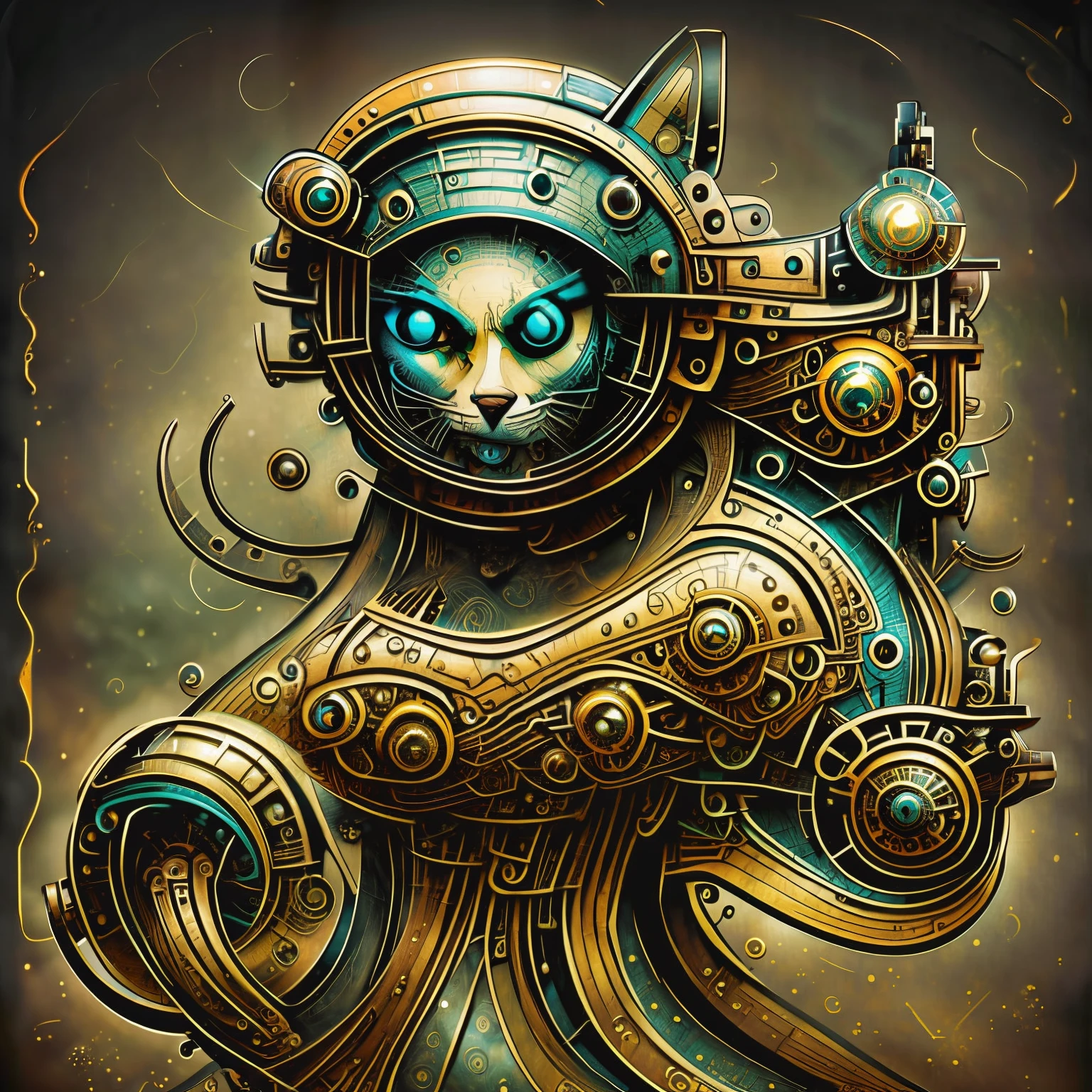 (steampunkai Jackson Pollock), uma gato Persa de lado em estilo steampunk, (32 k),USA ,super detalhado, muitas cores,flores e passaros
