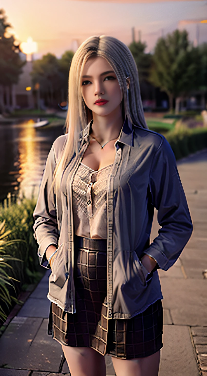 Ultra High Resolution, Realistic, Photo Realistic, Imagination, (Reality), Clear Sky, Composition, Sunset, (HDR:1.5), Outdoor, Intricate Detail, Collared Shirt, Skirt, Black Stockings, 8K, Standing, Looking at Viewer, Hands in Pockets, Red Lips,