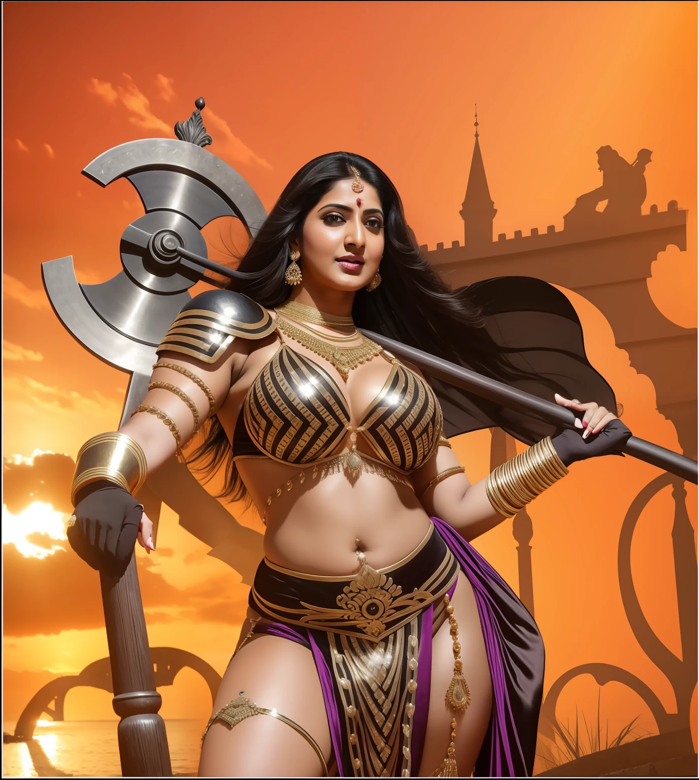 Make it real, realistic, savita bhabhi, gladiator, hyper realistic, deep navel, sexy cleavage, black silky hair