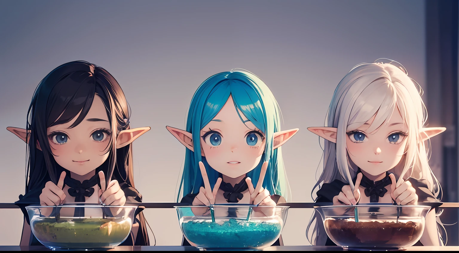 Realistic hand drawn style with cute elf characters、Conducting chemical experiments