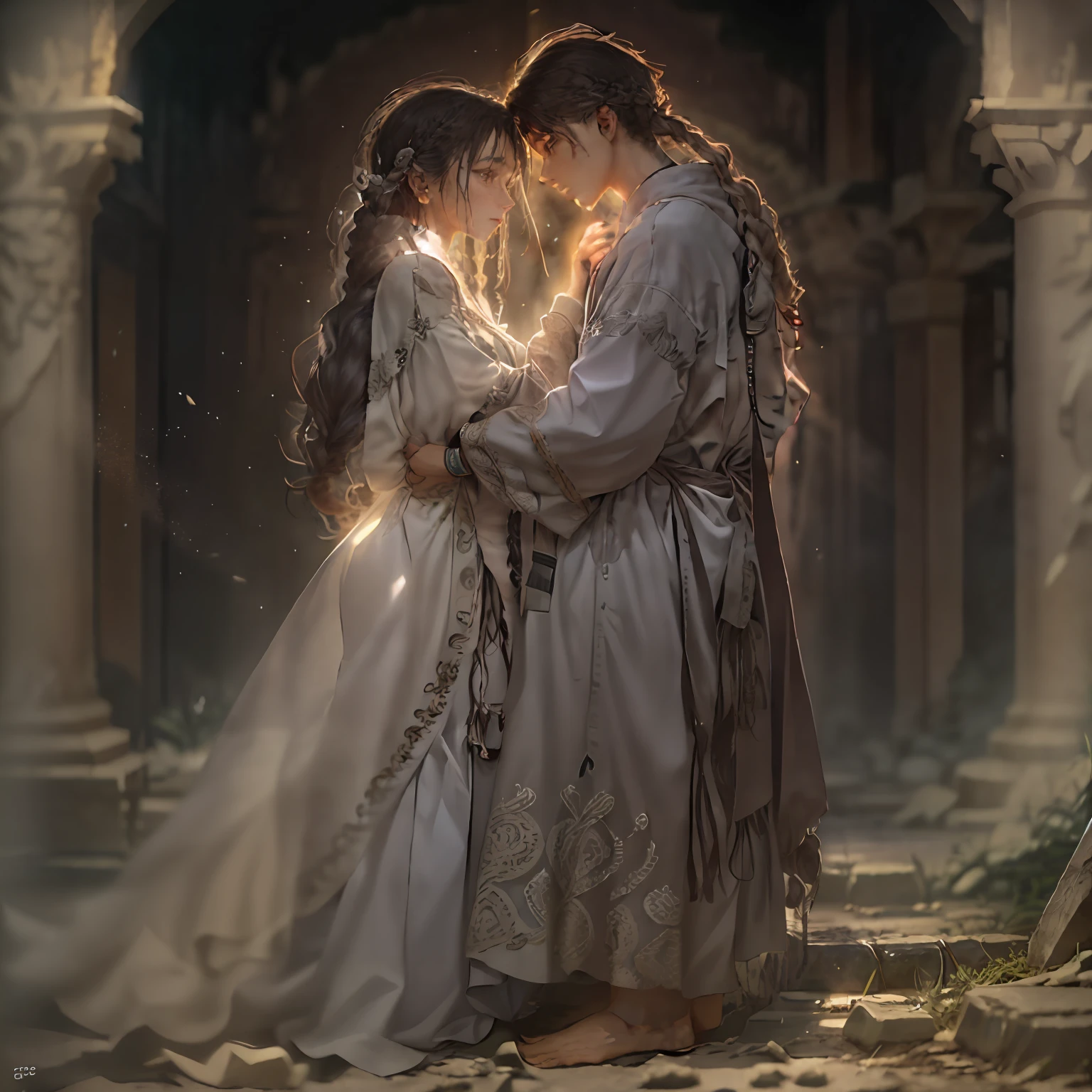 scenery, A huge ruined room with traces of battle, Duo of a woman and a man, side-view, Hi-Def, ultradetail, European facial features, realeme fentezi, Pattern, portraite of a, side glance: woman's, 46 years old, dark brown long hair, dark eyes, Frowning, A fighting look into the distance, dressed in an old shabby gray cloak,Beautiful handkerchief, wrapped around her head, Hands raised up, Clarity: 8 months, scenery: side view Huge throne room with large windows, A 46-year-old woman in an old raincoat stands near a throne, Ao fundo, Near the throne, A man hugs a woman by the shoulders, Rear side view: A man hugs a woman by the shoulders, Standing behind the throne of steam (((male)), fashion photography, (Full portrait), (half), 独奏, Detailed background, Detailed Face, (stonepunkAI, Stone theme:1.1), wise, (beautiful hair, braid: 0.2), shaman, The partition is harsh, mysterious, (Gorgeous face), Stunning, The head is tilted upwards, (calm expression on his face), Calm, Intimate Interaction. detailed clothes, realistic skin texture, Clear Focus, voluminous lighting, Good moments, Good shadows, sub-surface Scattering, Complex, Highly detailed, ((film)), dramatic, (Highest Quality, Award-winning, Masterpiece: 1.5), (Realism)