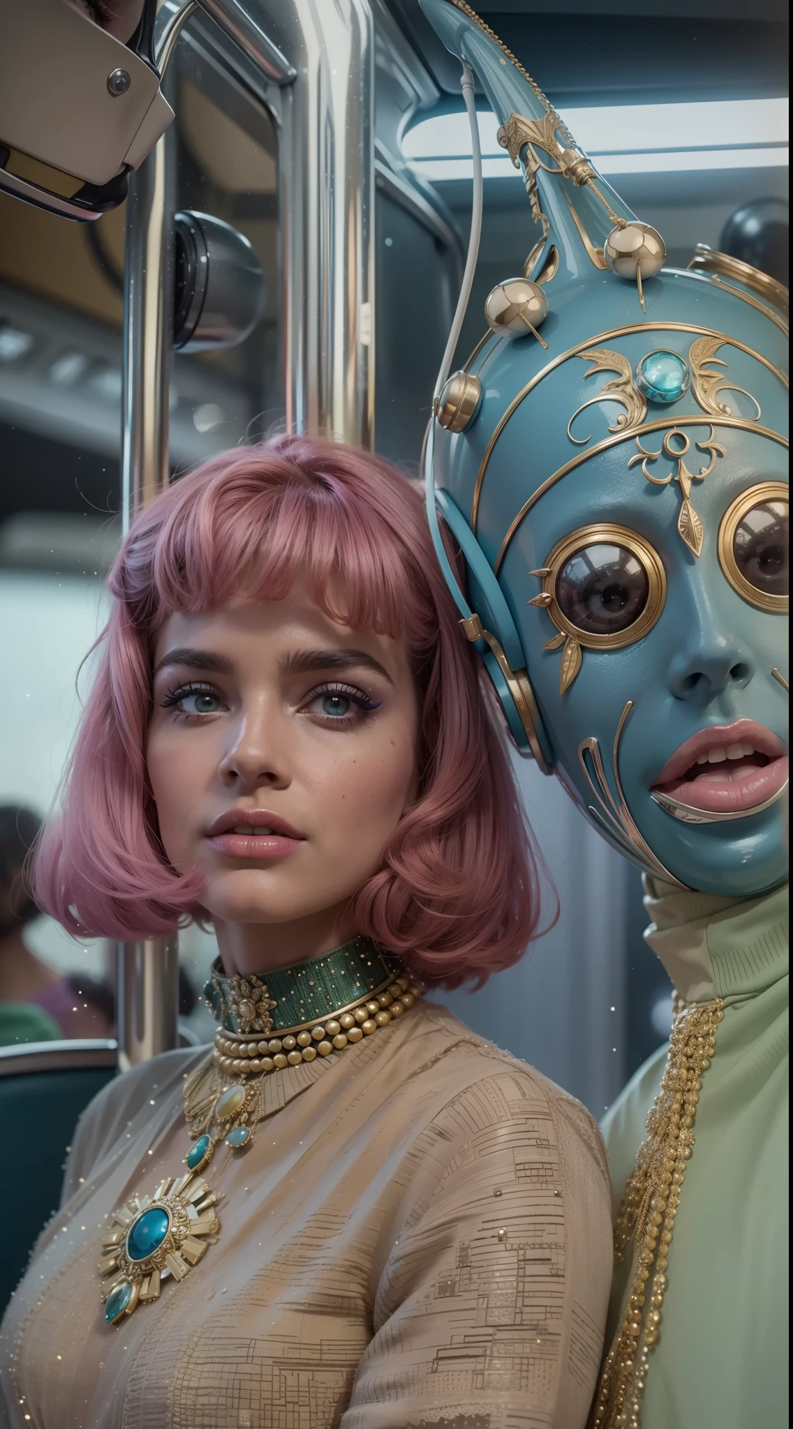 4k portrait of 1960s science fiction by Karel Zeman, Vogue anos 1960, pastels colors, Man with an alien mask wearing weird retro futuristic clothes and a woman wearing jewelry, Makeup and techno ornaments on the bus, Luz Natural, Psicodelia, futurista estranho, fotorrealista, hiper detalhado, foco nítido, Intrinsic, mid closeup, Imagem Excepcional.