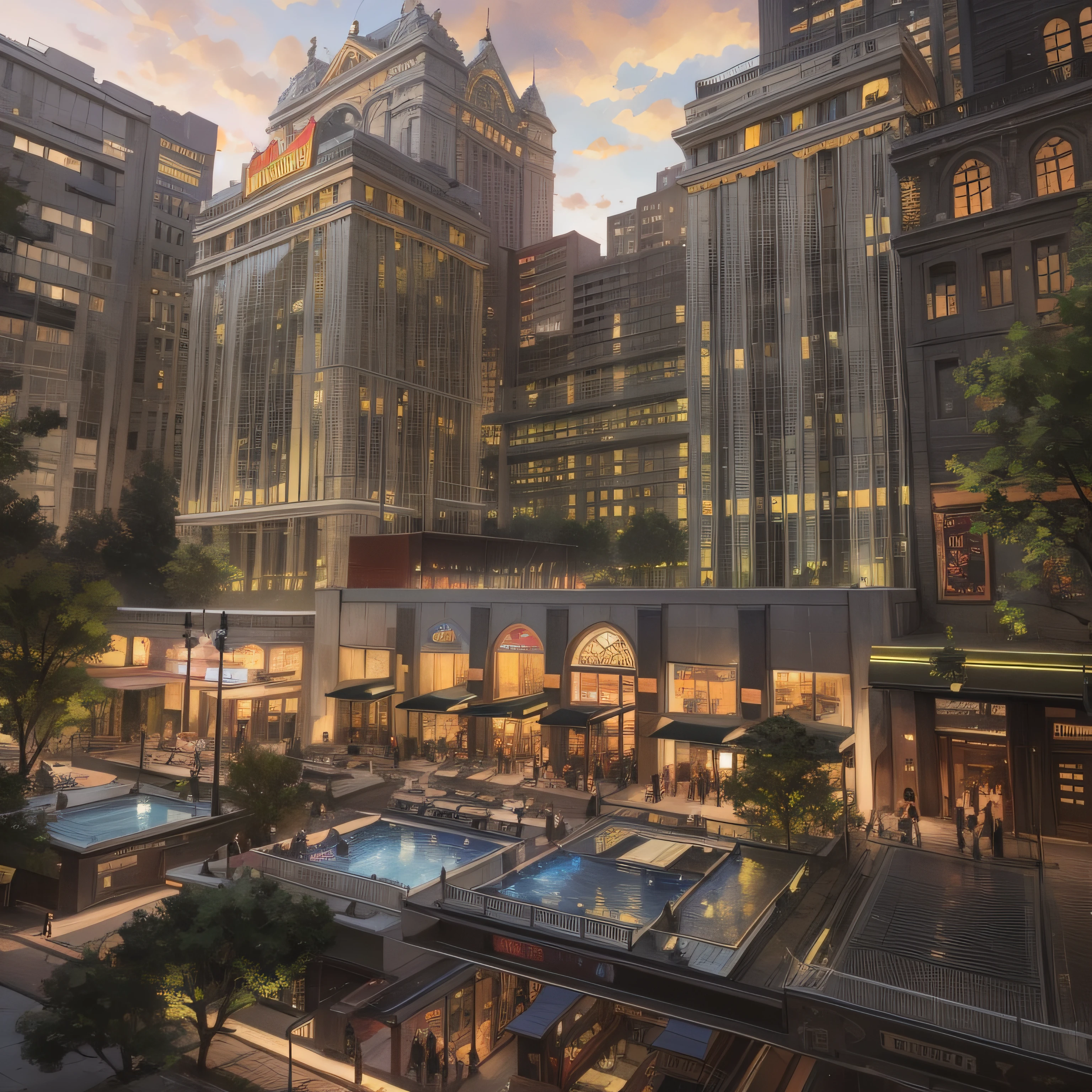 City Center Hotel，Bustling square，grand master，tmasterpiece，8k wallpaper，CG，Ultra-high image quality，light and shadow effect