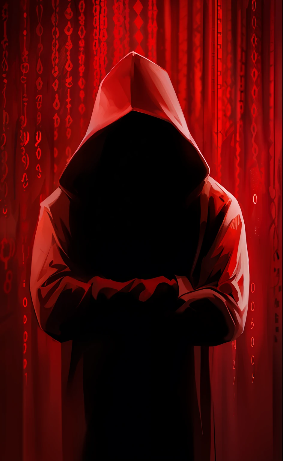 A man in a hoodie stands in front of a red background, hacking, redhood, hacking into the mainframe, shrouded figure, wearing cultist red robe, shrouded figure, hooded cloaked sith lord, red and black cape and hoodie, wearing a red hoodie, the encrypted metaverse, Hooded, wearing a scarlet hoodie, creating an ominous presence