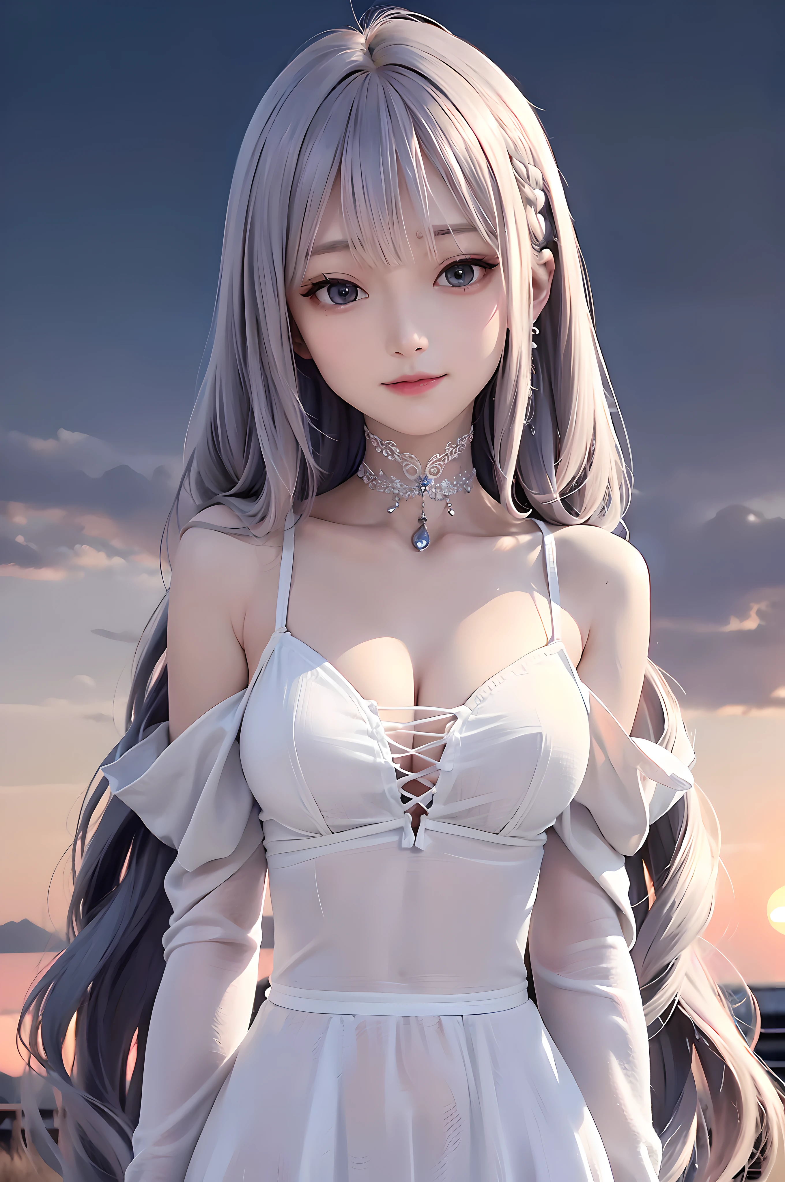 top-quality、​masterpiece、8K、femele、(Akame)、(white  clothes)、Pink gradient on gray hair、off shoulders、look up to、cowboy  shot、Hair strands、light skinned、smil、Side braid、Detailed hair strands、A detailed eye、A detailed face、Detailed mouth、Detailed hand、Detailed finger、(Accurate human skeleton)、Slim body、Backlight at sunset、portlate