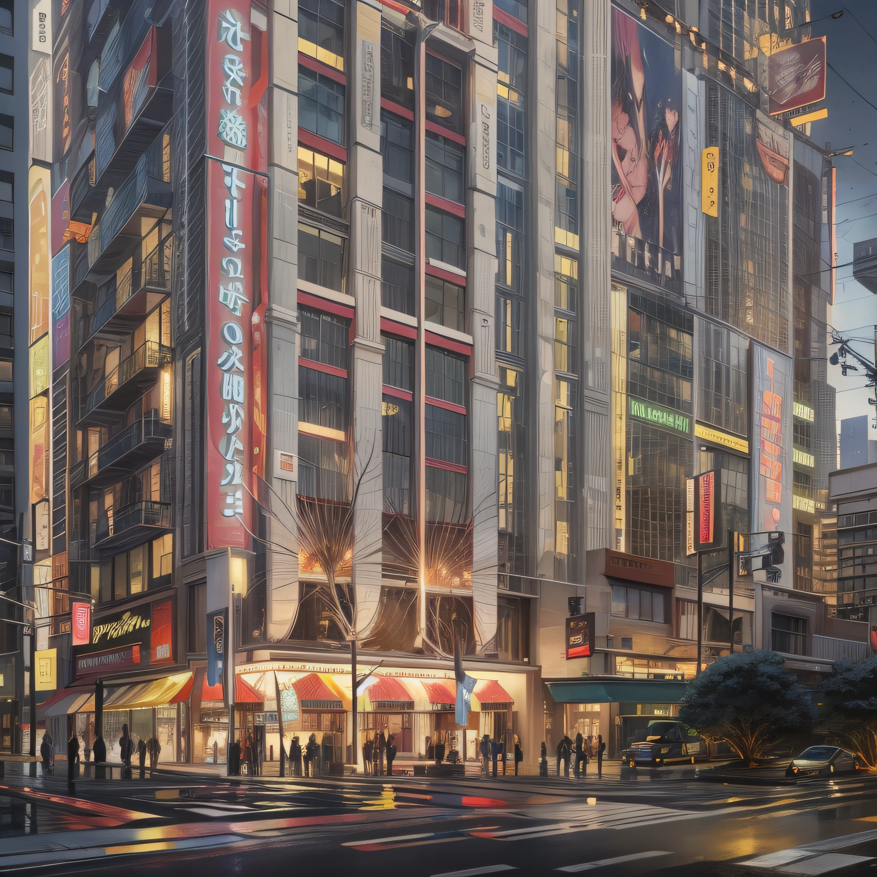 City Center Hotel,Bustling square,grand master,tmasterpiece,8k wallpaper,CG,Ultra-high image quality,light and shadow effect