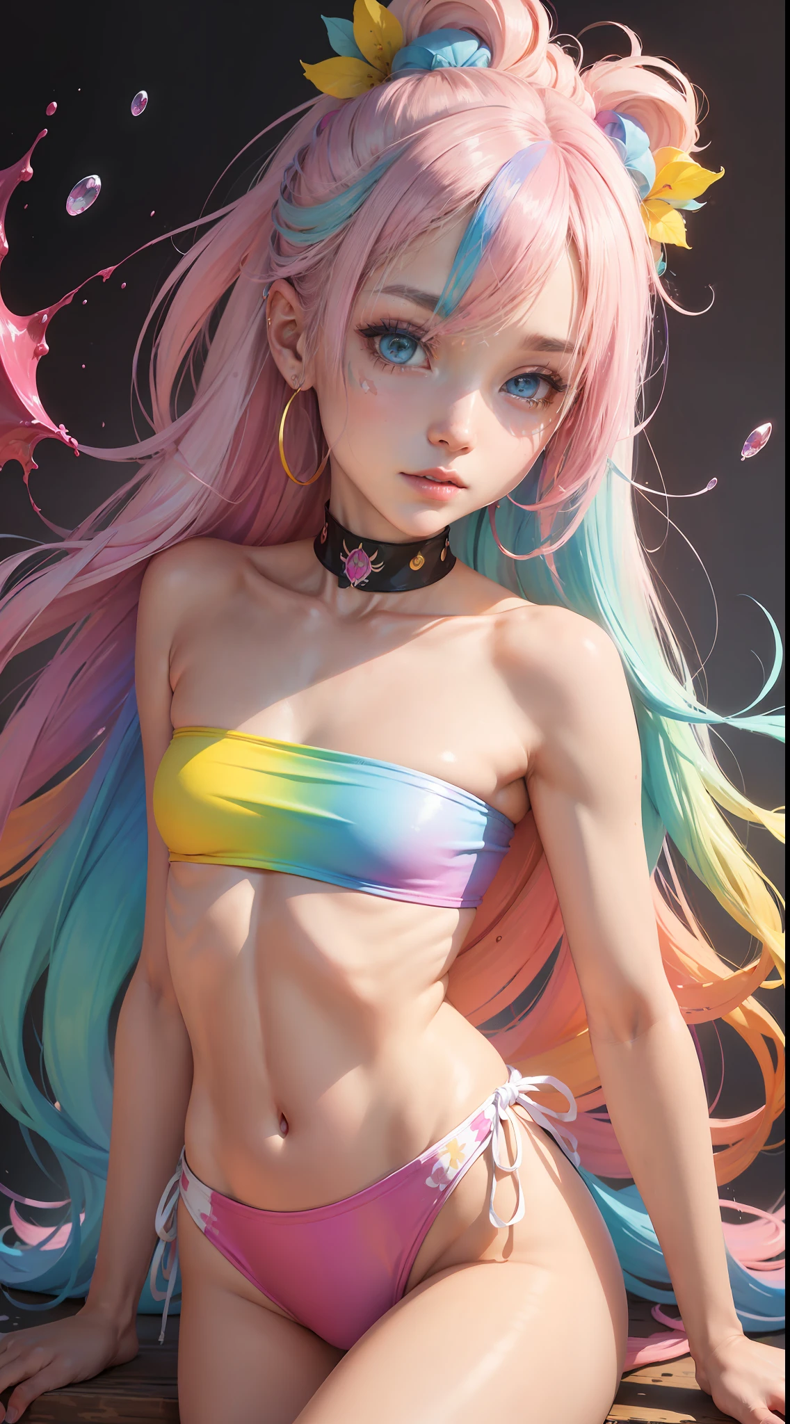 (Pink fashion T-shirt:1.9),(Colorful hair:1.8),(Rainbow all colors:1.8),((((Killing urban style,Megumi Kishimoto,leather clothes:1.6))),(painting of a:1.6),frontage,comic strip,illustration,painting of a,largeeyes,crystal-clear,(rainbow color gradient high ponytail:1.7),Delicatemakeup,Keep one's mouth shut,(Small Fresh:1.5),(Bandeau:1.6),long eyelasher,White shoulder T- shirt, White Shoulder Shirt,looking at viewert,watery big eyes,(rainbow colour hair:1.6), color splash, (solo:1.8), color splash, color explosion, colour splash, color explosion, Thick lacquer style,Messy lines,((shining)) ,(colorful), (colorful), (colorful), colorful, Thick Paint Style, (Splash) (Color Splash), Vertical Painting, Upper Body, Paint Splash, Acrylic Pigment, Gradient, Paint, Highest Image Quality, Highest image quality, Masterpiece, Solo, Depth of Field, Face Paint, colorful clothes, (ellegance: 1.2), opulent, long whitr hair, ventania, (ellegance: 1.3), (petals: 1.4),(((masterpiece))),(((Best quality at best))),((ultra - detailed)),(illustratio),(dynamic angle),((floatking)),(Paintwork),((Loose hair)),(solo),(1girl) , (( (Detailed anima face))),((Beautiful detailed face)),collars,exposed bare shoulders,whaite hair,((The color hair)),((Striped hair)),Beautiful detailed eyes,(Gradient color eyes),(( (Colored eyes))),(((coloured background))),(((high saturated))),(((Surrounded by colorful splashes))),