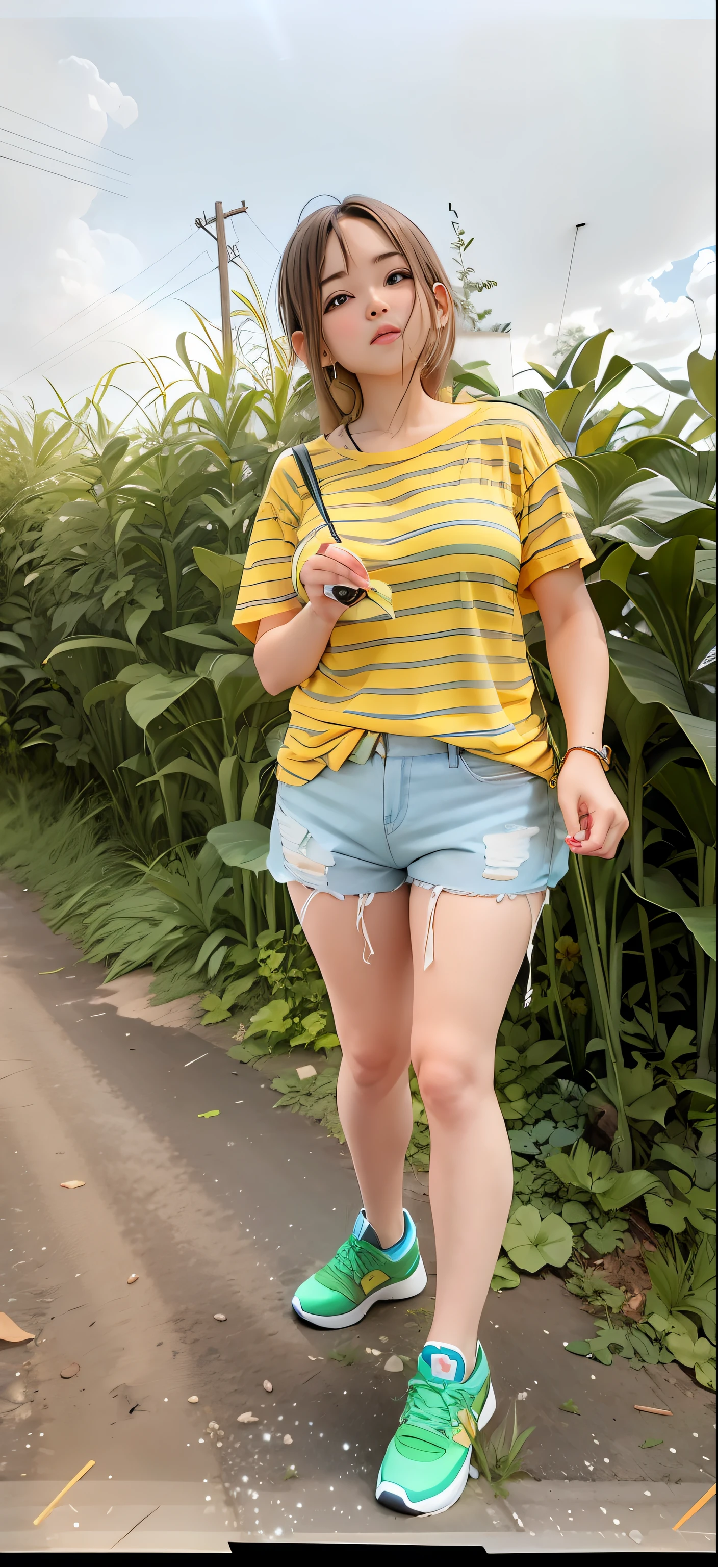 Girl in yellow shirt and blue shorts walking on dirt road, Wearing wheat yellow gauze, in shorts and t-shirt, dressed in a top and shorts,  Wearing a yellow and black striped T-shirt top, Full body picture, is wearing a shorts, casual summer clothes, wear short shorts, wearing stripe shirt, wearing a modern yellow tshirt, shorter pants, short jeans pants