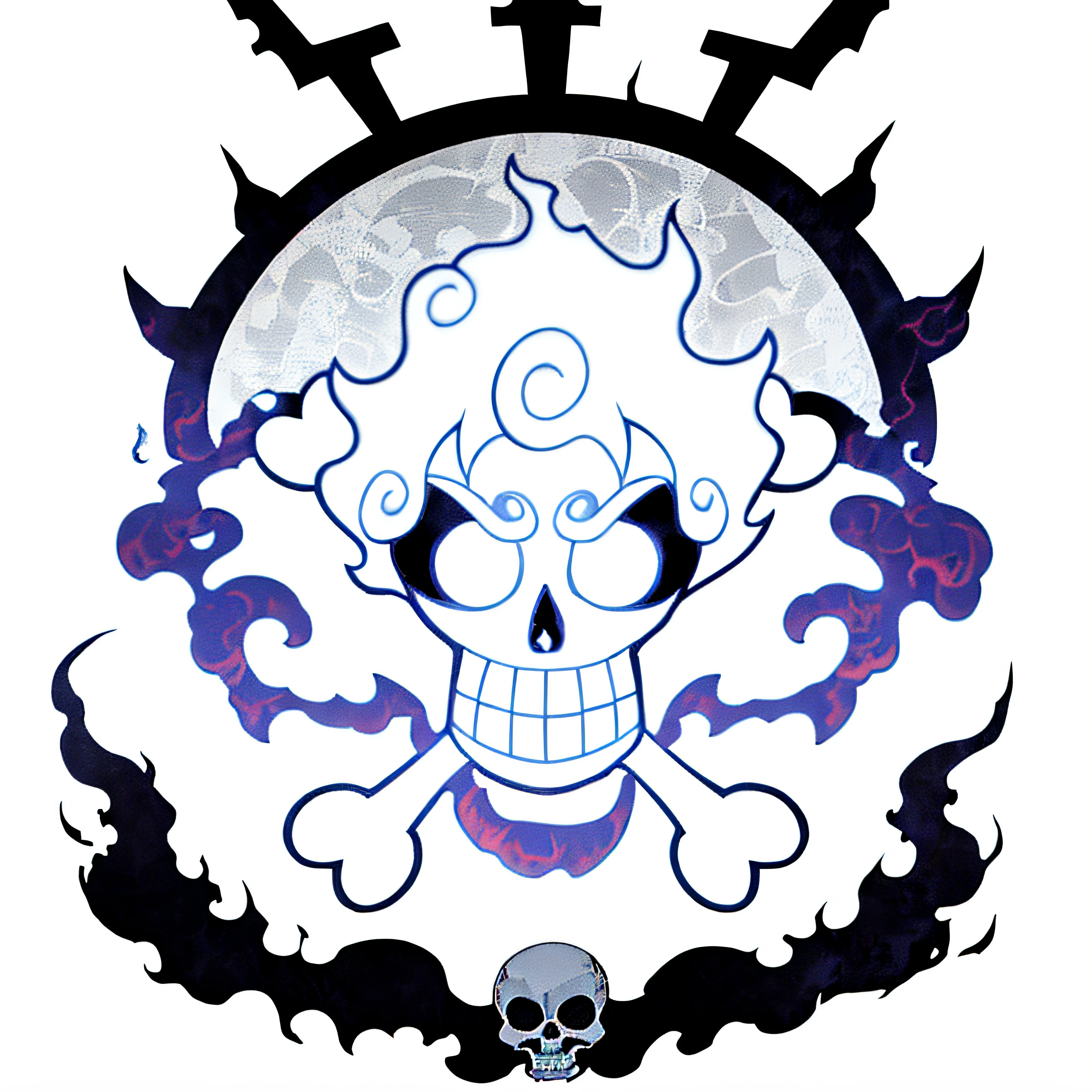 cartoon skull with white flames and a crossbone on a white background, from one piece, white flaming skull, inspired by Eiichiro Oda, one piece artstyle, sanji, boney, luffy (one piece, fiery skull contemplating life, full color digital illustration, ((skull)), skull and bones, firey, spooky cartoon skull, fifth gear, style of eiichiro oda