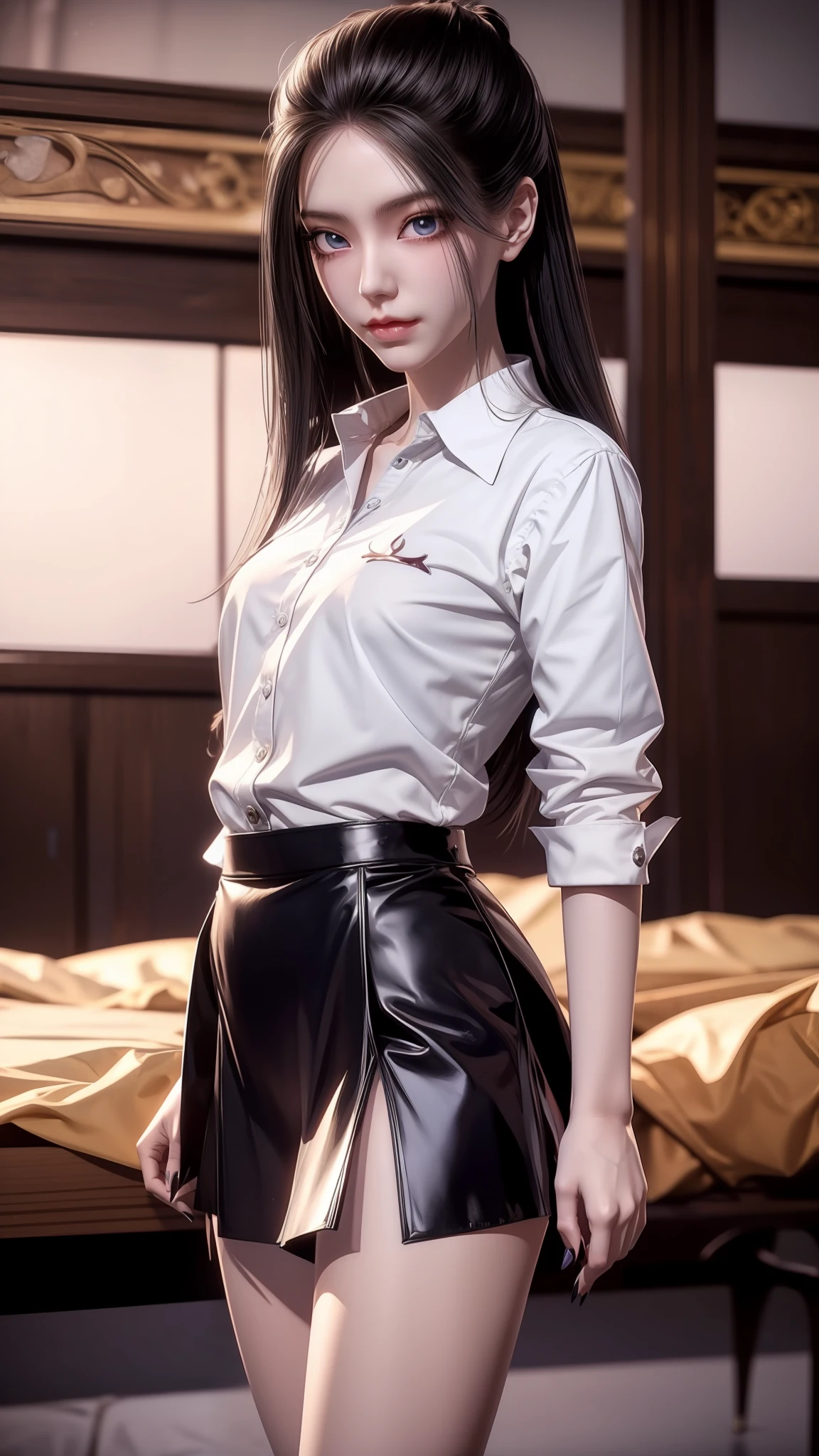 Arad woman posing for photo in short skirt and white shirt, Surrealism female students, Surrealism female students, Realistic schoolgirl, photorealistic anime girl rendering, thighhighs and skirt, 3 d anime realistic, small curvaceous loli, wearing skirt and high socks, Photorealistic anime, cute female student, Realistic anime 3 D style, female student