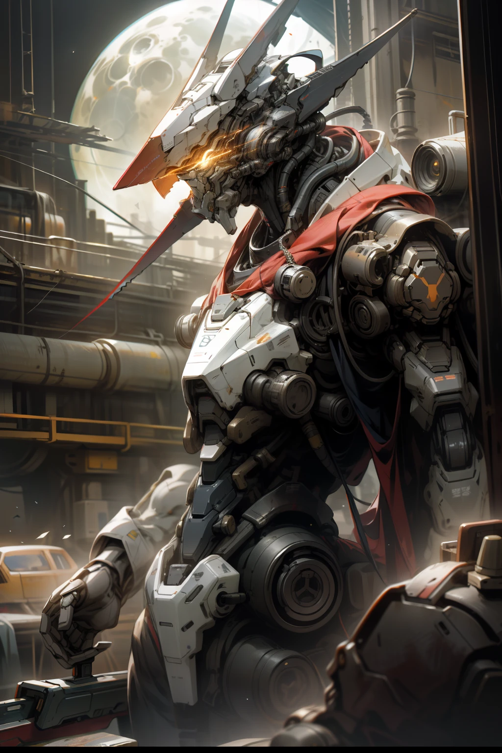 on moon，barren planets，holdingweapon，without humans，with light glowing，droid，buliding，glowing light eyes，Black and white mech，scientific fiction，城市，Realistis，mechs，Milky Way Galaxy background，full bodyesbian，neonlight，cyber punk perssonage，8k wallpaper，Hyper-detailed work，Cinematic lighting，photograph of-realistic，Dark_Fantasy,Cyberpunk,(chain saw,chain saw man,Red:1.1),1man,Mechanical marvel,Robotic presence,Cybernetic guardian,wearing a worn-out mech suit，iintricate，（Steel metal[rusted]），ellegance，Clear focus，Photo by Greg Rutkowski，gentlesoftlighting，vivd colour，tmasterpiece，（（the street）），cow boy shot，dynamicposes，