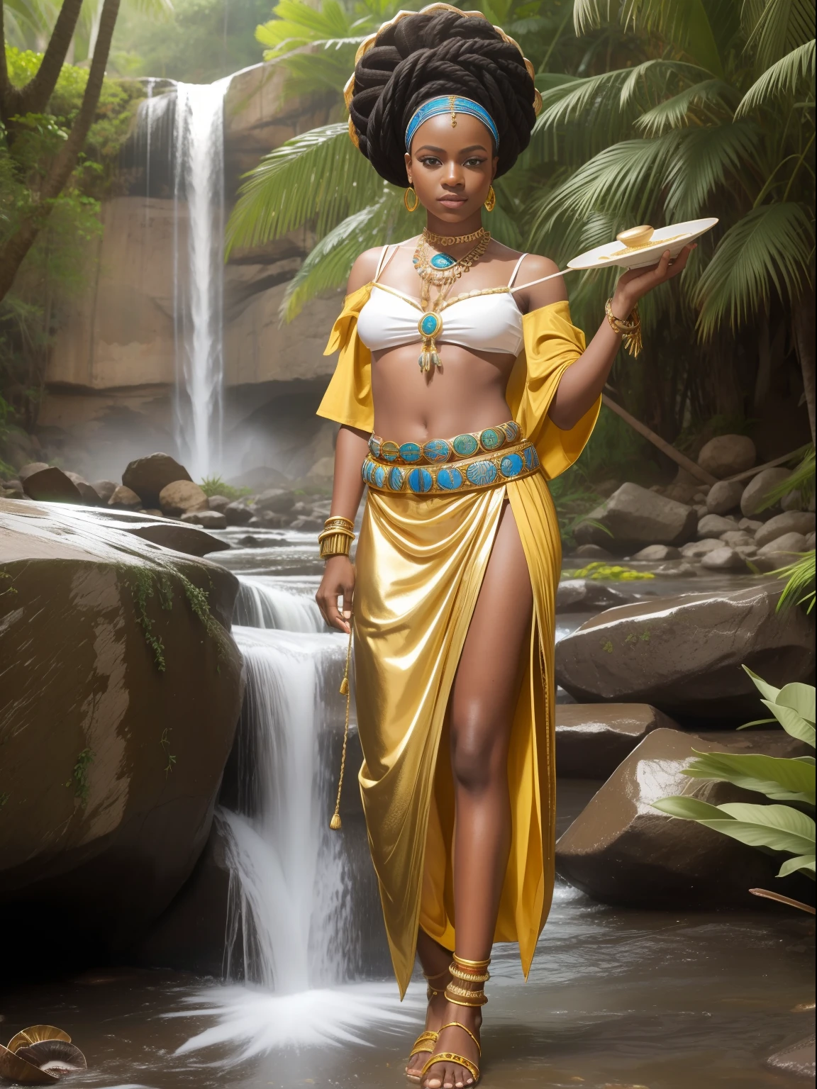 Orisha oxum, Candomblé costumes, Candomblé Skirt African Goddess, African accessories, Skirt with conch shells, cinto dourado, colares Zulu, Nigeria, inspirada em Hale Bailey, cachoeira, lilies, Afrofuturismo, misticismo, Cultura Africana, maquiagem tribal, Orisha oxum, com colar em torno do estilo africano, com seios nus adornados com pulseiras douradas;, saia longa dourada, belt with gold coins and whelks, braided hair and mirror in hand in a waterfall with white lilies on feet,Oxum was queen In her right hand she had her mirror where she lived to look at herself