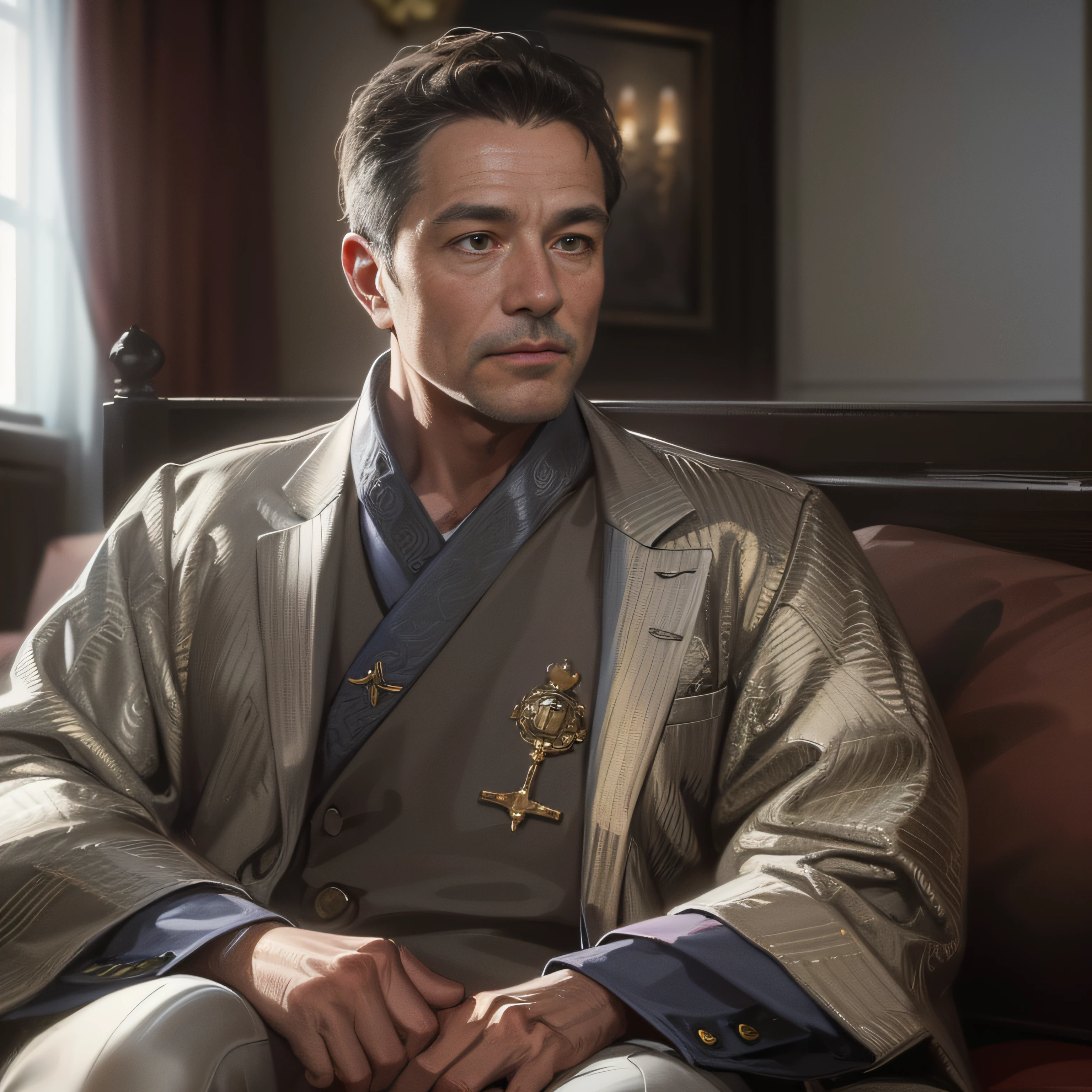 A 55-year-old middle-aged man with short brown hair and a silver Tang suit,With a relaxed expression,sitting in the couch,VIP,grand master,tmasterpiece,8k wallpaper,CG,Ultra-high image quality,light and shadow effect