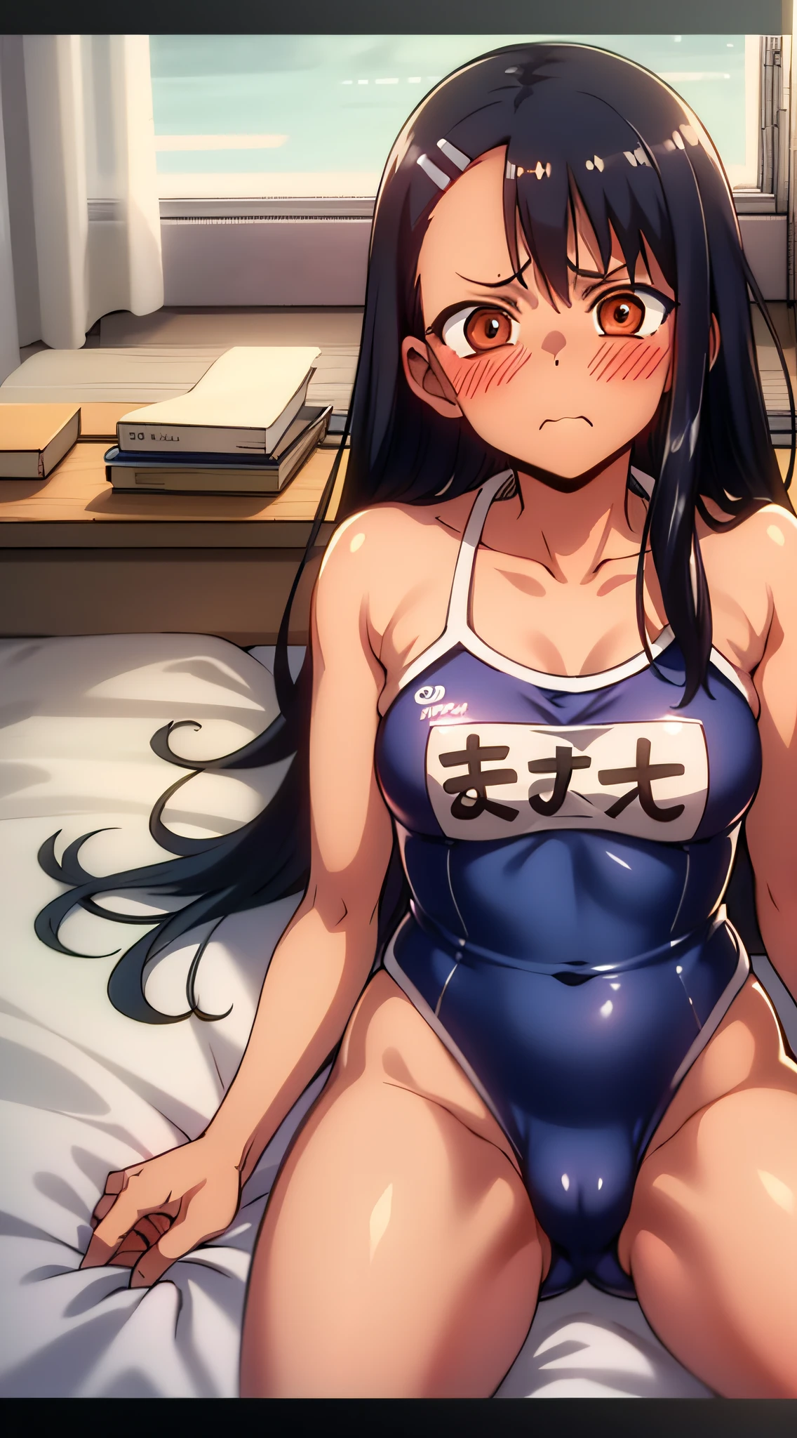 masterpiece、top-quality、hightquality:1.4、masutepiece, Best Quality, 1girl in, nagatoro, Black straight hair, blush, Cute eyes, Angry face, Lying, show through、on the beds,Navy blue school swimsuit、