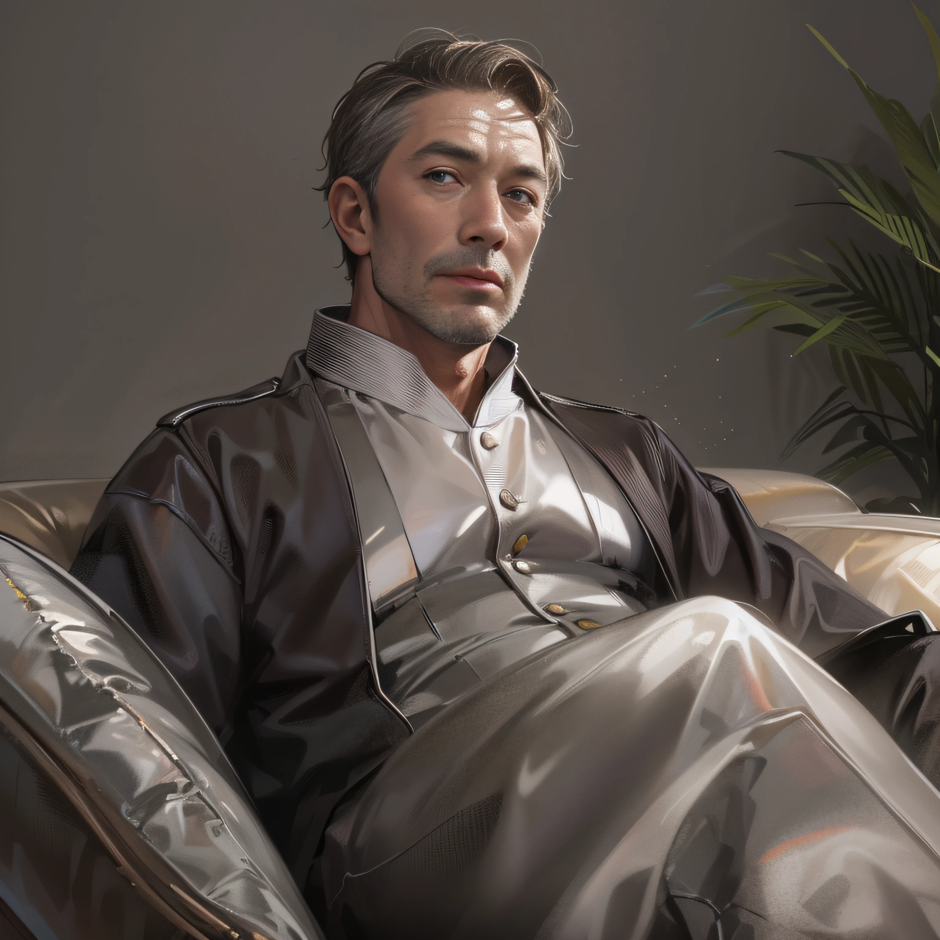 A 55-year-old middle-aged man with short brown hair and a silver Tang suit,With a relaxed expression,sitting in the couch,VIP,grand master,tmasterpiece,8k wallpaper,CG,Ultra-high image quality,light and shadow effect