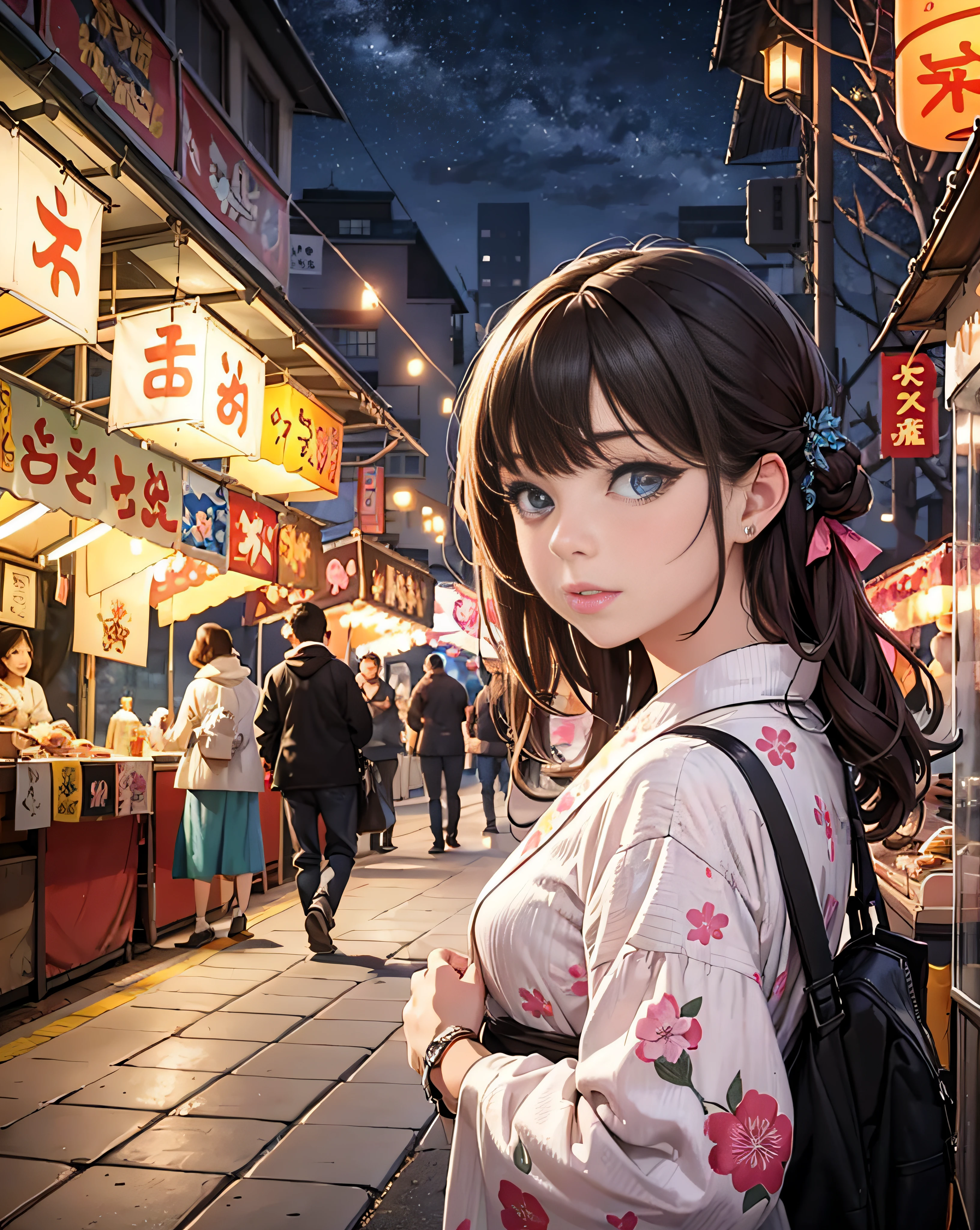 masterpiece, best quality, ultra-detailed, illustration, omatsuri, food stand, 1girl, beautiful eyes, looking at viewer, from behind, cowboy shot, looking back, yukata, tree, outdoors,road, walking, crowd, night, lantern, festival, food, pavement, crosswalk, paper lantern, lamppost, brown hair, night sky,