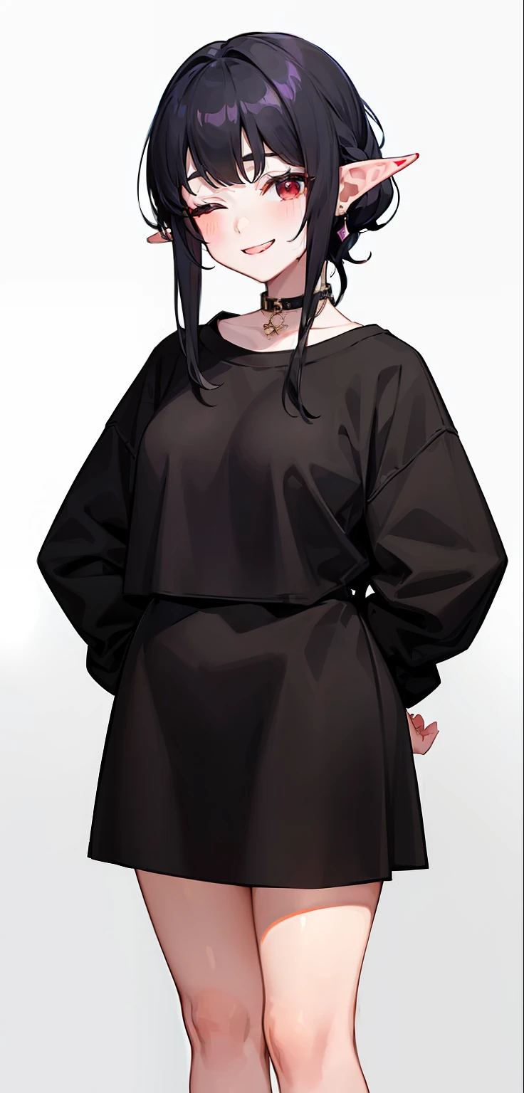 1 Girl, eyes closed, nose, elf ear, eyebrow, smiling, teeth, big red hair, black hair ends, bangs, hair between eyes, lora:add_detail, short sweatshirt on belly, short skirt, slim waist, belly , big chest, thick legs, big thigh, standing