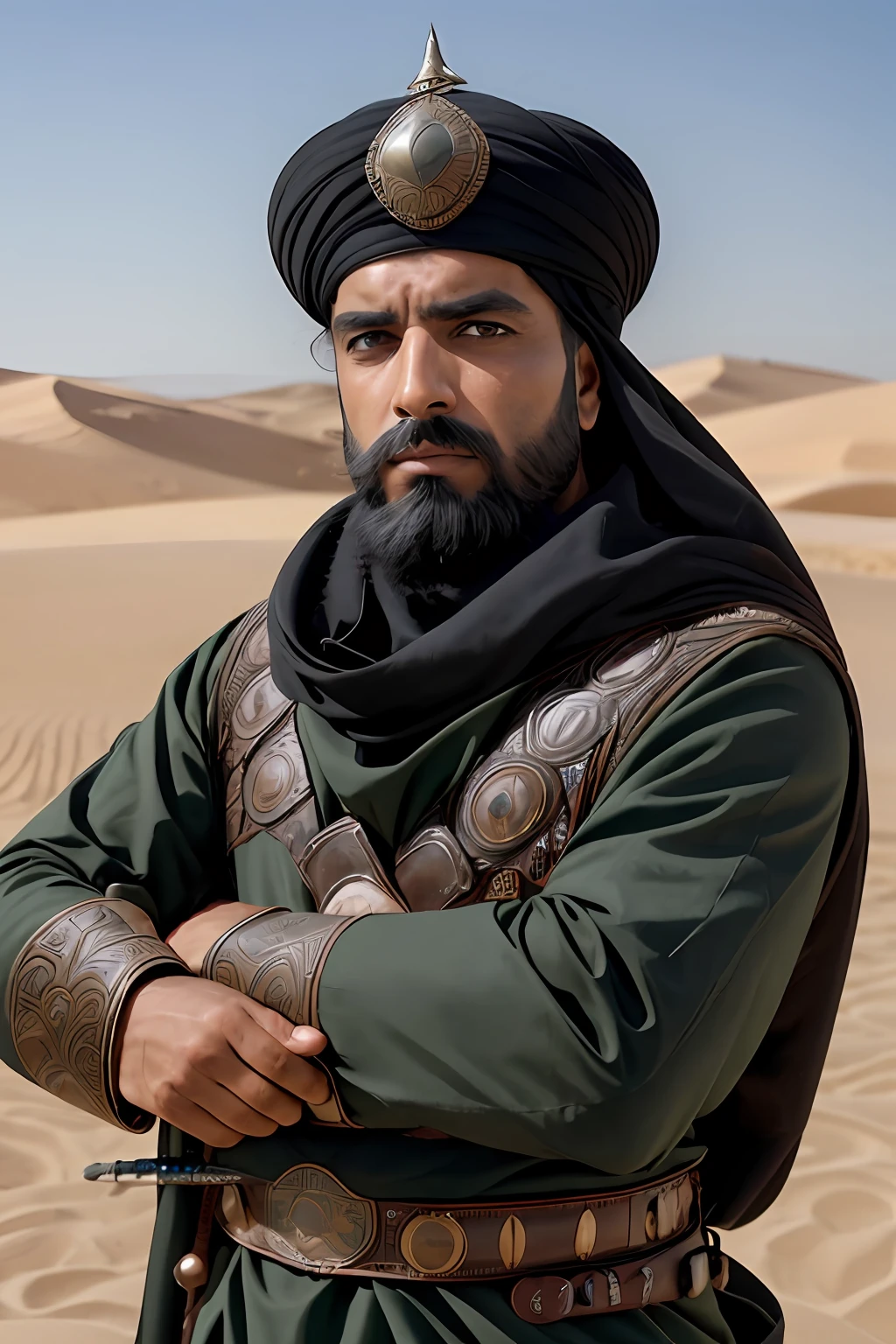 1man, solo, photography, portrait of arabarmor man with group of army in dune, beard, shield, sword, realistic, absurdes, detailed,