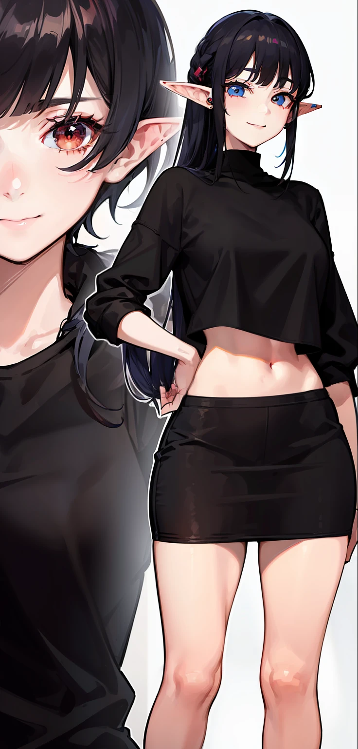 1 Girl, eyes closed, nose, elf ear, eyebrow, smiling, teeth, big red hair, black hair ends, bangs, hair between eyes, lora:add_detail, short sweatshirt on belly, short skirt, slim waist, belly , big chest, thick legs, big thigh, standing