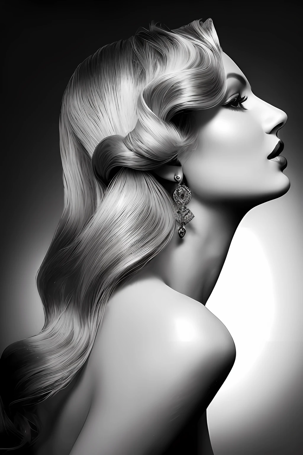 a close up of a woman with long hair and earrings, glam hair, ornate long flowing blonde hair, glamor hairstyle, glamorous hairstyle, inspired by George Hurrell, imperial and elegant hair style, ornate long blond hair, styled hair, up face with 1 9 2 0 s hairstyle, inspired by Horst Antes, elegant profile posing, elegant hair, elaborate long hairstyle