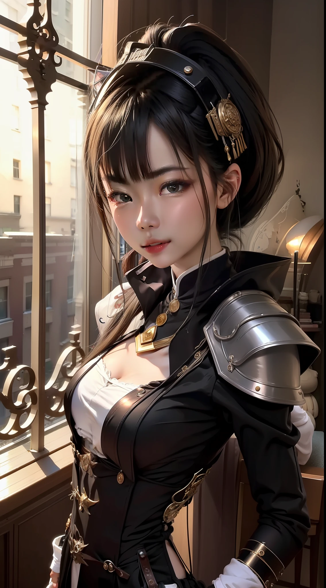 A black hair，Wearing clothes with antique elements of science and technology is a cool cat cute girl，Looks like Liu Yifei