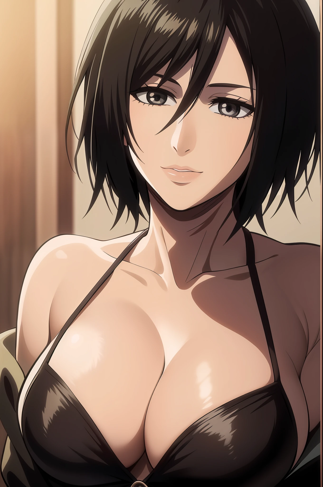 1girl, mikasa ackerman, (black hair:1.3), Hair between the eyes, Short hair, gray eyes, lips, cleavage, big breasts, close up, 独奏, lips, Masterpiece, Best Quality,