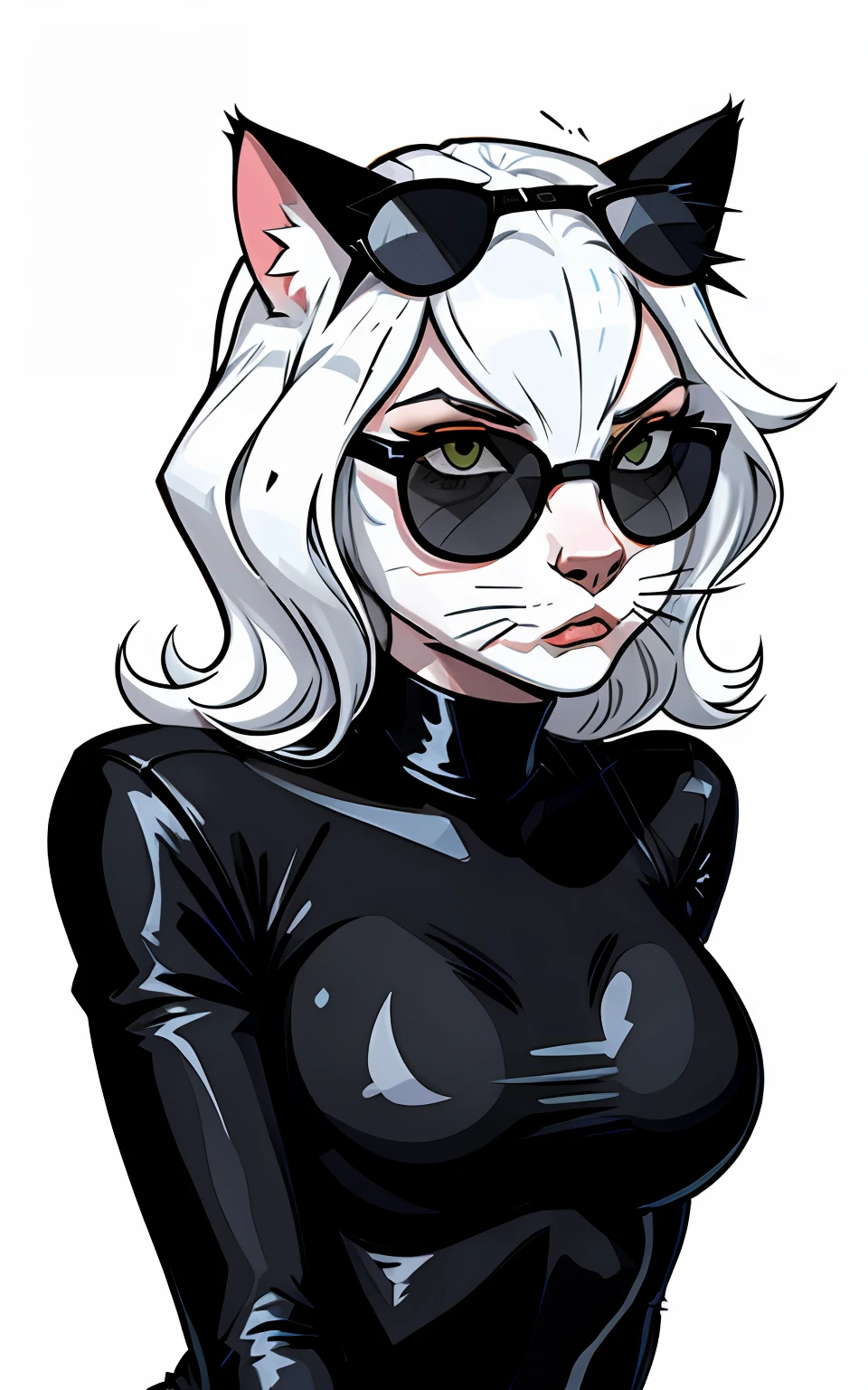 Cat wearing black sunglasses, Cat Head, Cat Body, not human, Minimalist, Vector, White Background