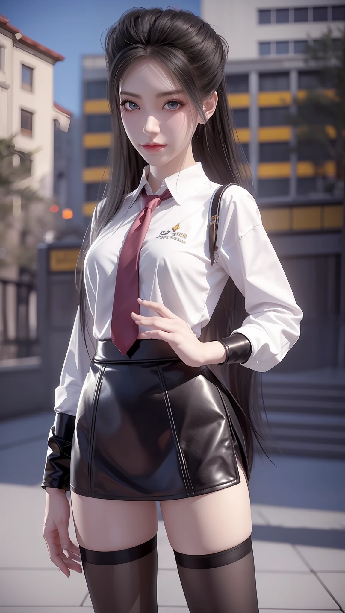 Arad woman posing for photo in short skirt and white shirt, Surrealism female students, Surrealism female students, Realistic schoolgirl, photorealistic anime girl rendering, thighhighs and skirt, 3 d anime realistic, small curvaceous loli, wearing skirt and high socks, Photorealistic anime, cute female student, Realistic anime 3 D style, female student