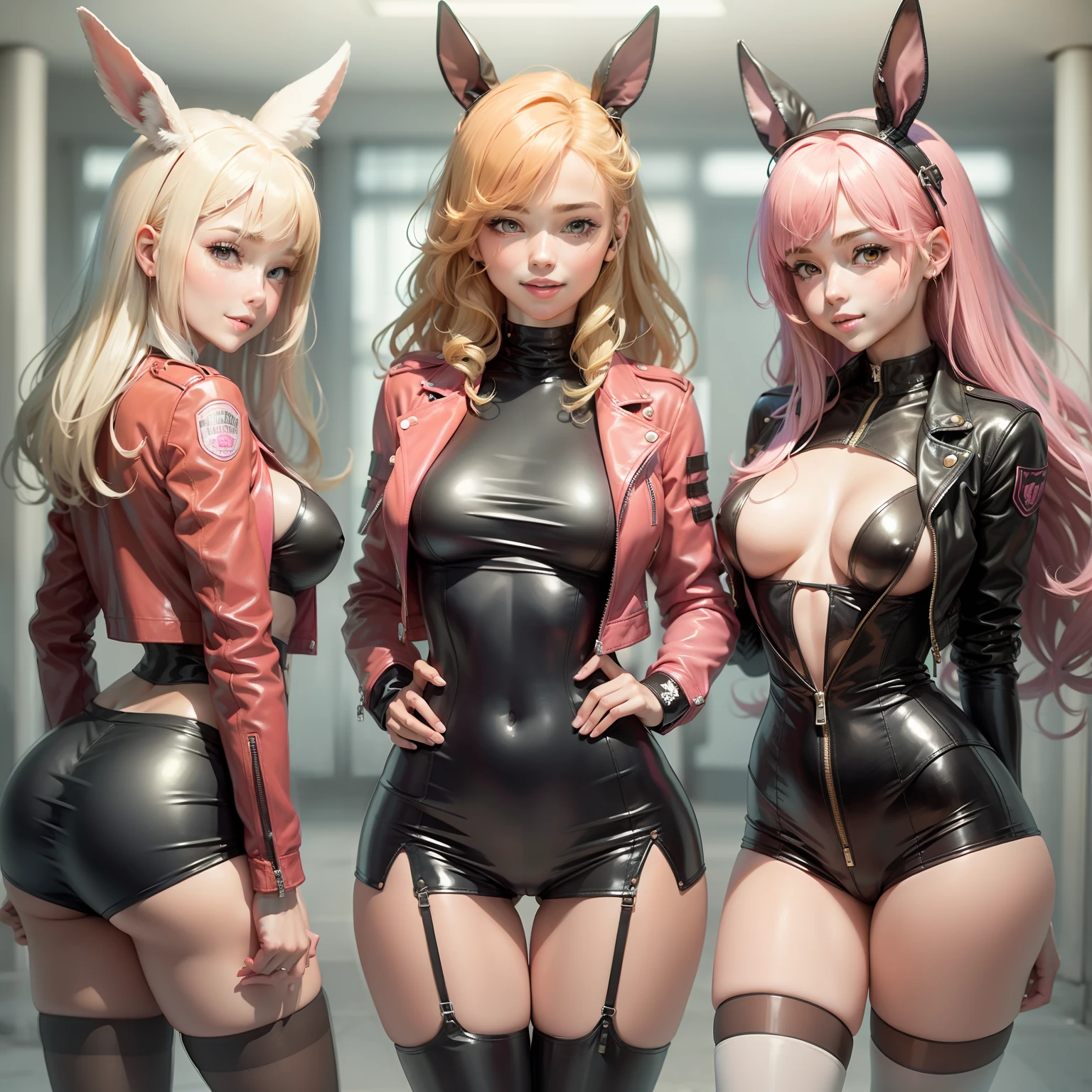 harems　Multiple girls are depicted　a smile　a blond　Pink hair　leather jackets　top-quality　​masterpiece　超A high resolution　Bodysuits