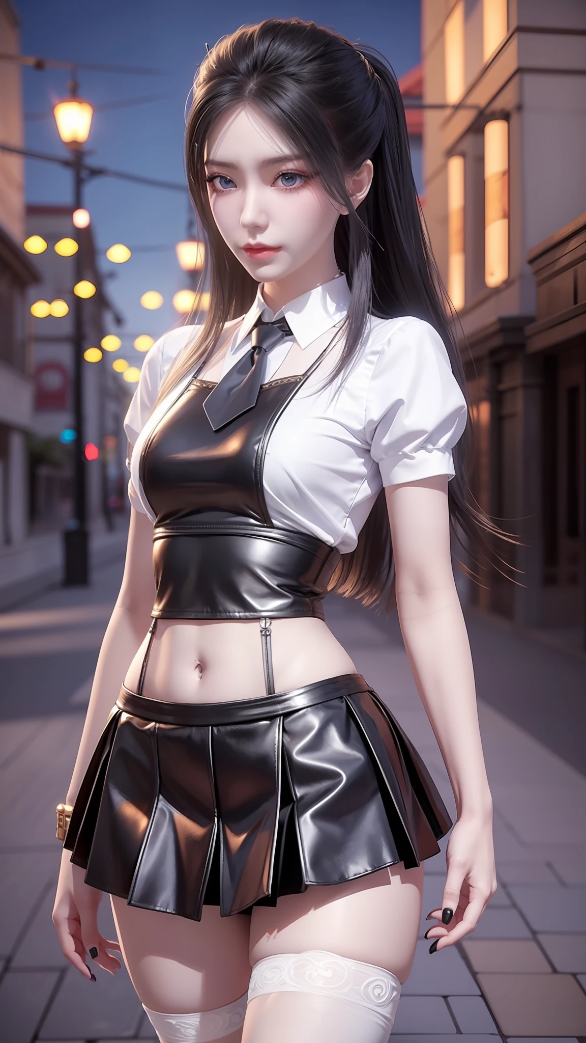 Arad woman posing for photo in short skirt and white shirt, Surrealism female students, Surrealism female students, Realistic schoolgirl, photorealistic anime girl rendering, thighhighs and skirt, 3 d anime realistic, small curvaceous loli, wearing skirt and high socks, Photorealistic anime, cute female student, Realistic anime 3 D style, female student