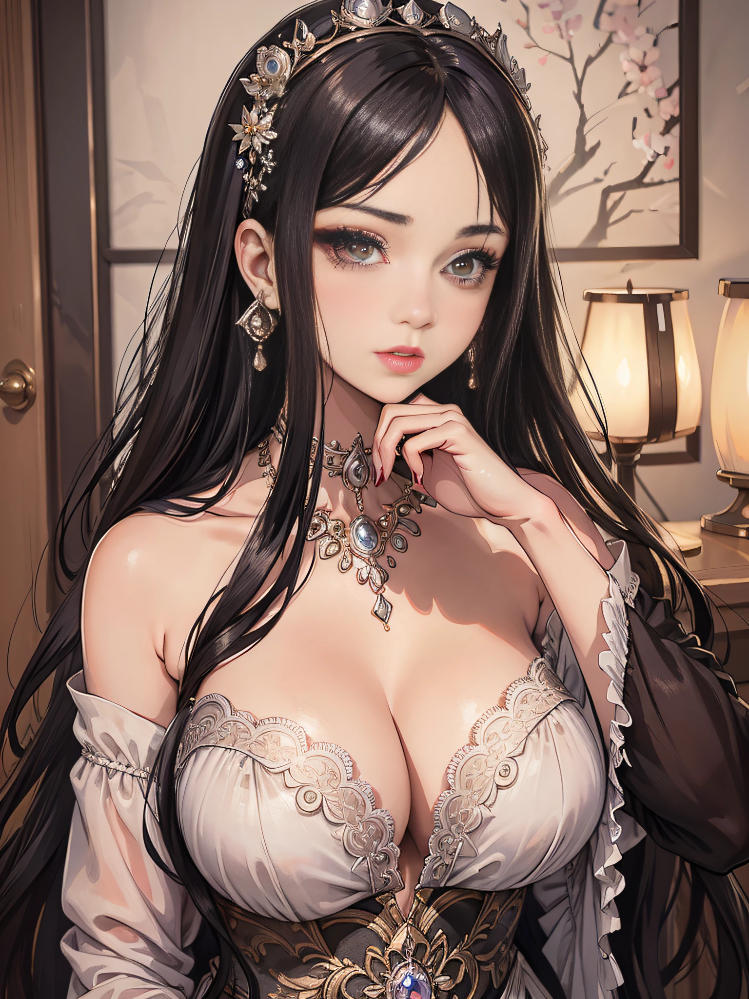 ultra-sharp photography of A girl with supernatural beauty and charisma+cinematic shot+dynamic composition,incredibly detailed,sharpen,details+pose from a wlop painting+characteristic+background+summer+perfectionism+ultra detailed hair+ultra detailed skin+ultra detailed eye+close mouth+dress in super haute couture+high fashion make up+art by wlop+high fashion make up+award winning realism+The image is shot in a stunning style,with a sense of hope and joy+close up shot+The composition is balanced and dynamic+The image is shot with a Canon EOS 5D Mark IV and Fujifilm Superia X-TRA 400 film,ambient light,blurry background,blurry foreground,bokeh,Character luster,Chiaroscuro,choker,collar,crossed legs,crystall ball,depth of field,(dimly lit),earrings,exposure_compensation,realistic,lace elbow gloves,Elegant appearance,eye focus on the crystall ball,eyeshadow,front view,full body,gem,glowing,goddess,gothic,hair,hair ornament(\both side\),holding,jewelry,lips,lipstick,intricate long hair --ar 2:3 --q 5  --niji 5