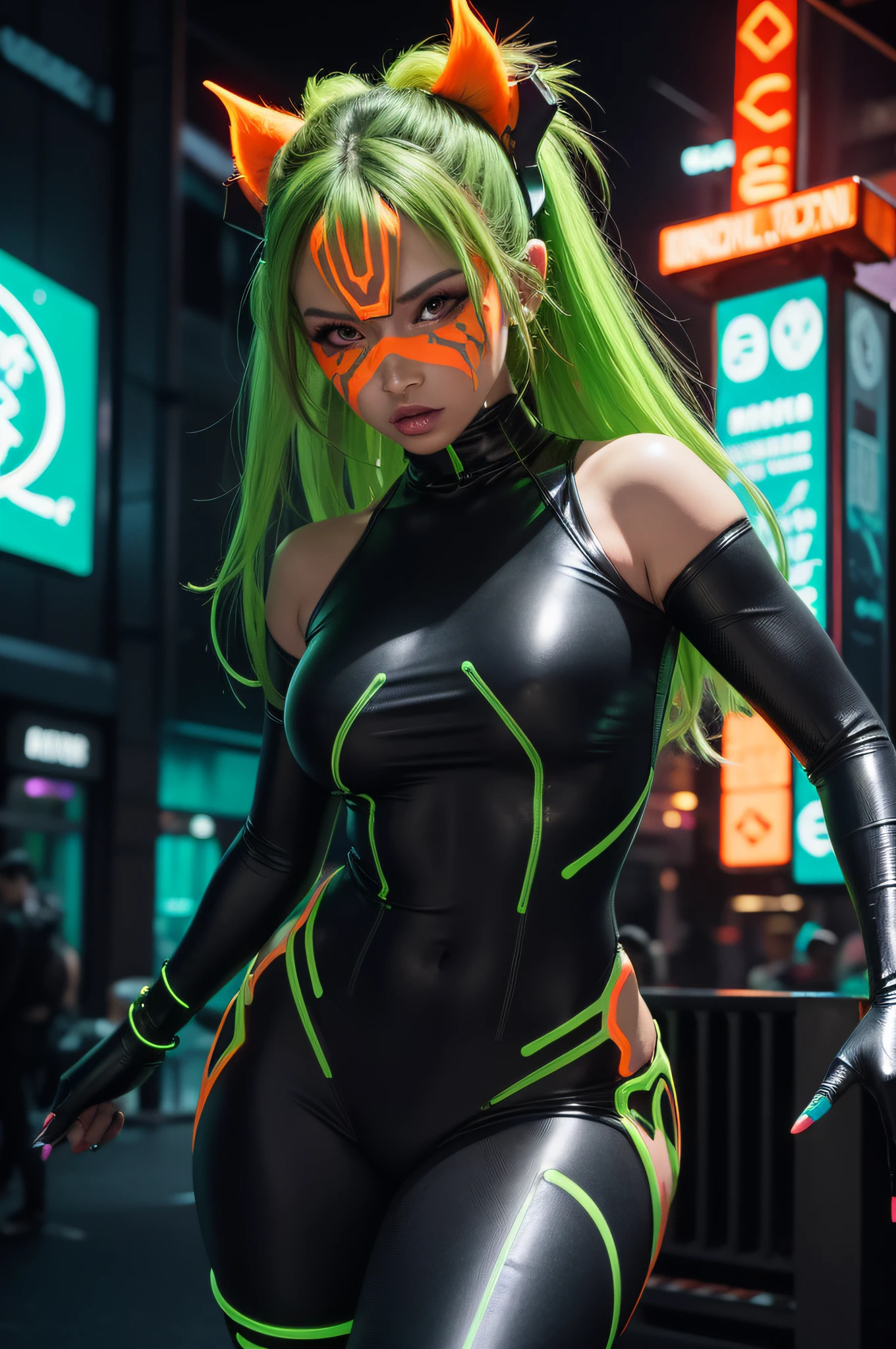 "Artistic Image Types: {In the heart of the neon metropolis, a figure stands out - a woman with an Oni mask. The mask, infused with cyber tech, pulsates with life, its neon tendrils intertwining with her hair. Every element of her attire screams cyberpunk, from the LED-infused kimono to the digitized obi}, Neon Oni Dancer, Futuristic Nightclub, Dance Stance, (Neon Green and Orange Lighting:1.3), (Digital Painting:1.2), (4K:1.3). Environment: A vibrant cyberpunk nightclub where holographic dragons soar and patrons are lost in a digital trance."