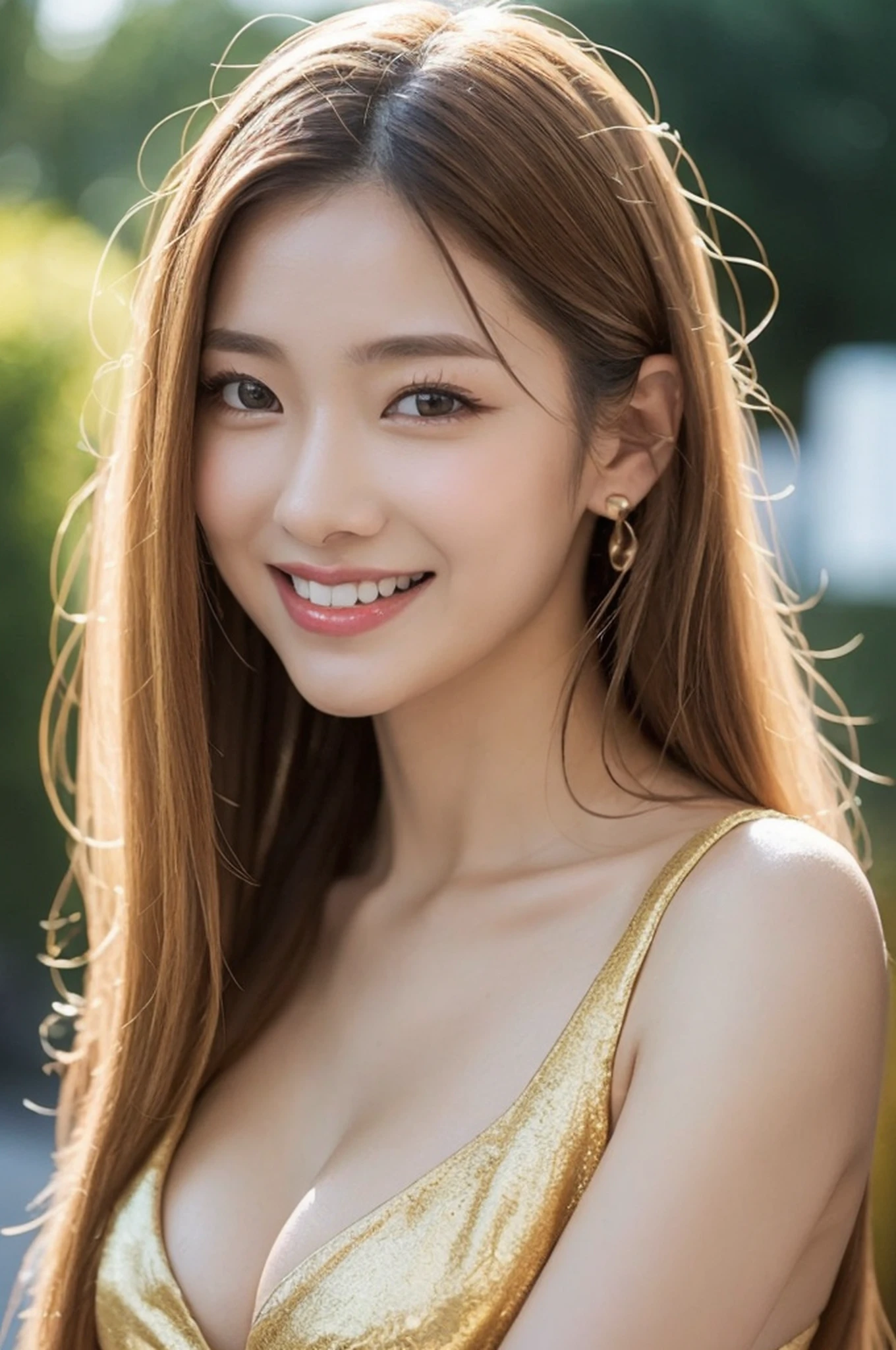 (top-quality、8K、32K、masterpiece、nffsw:1.2)、1 girl in、beautfull Japanease woman、((Golden hair))、Fancy makeup、thin-waist、Beautiful Women in Perfect Style:1.4、Colossal tits:1.3、finerly detailed face、A smile、flapper dress、breastsout、Raise your arms、full body Esbian
