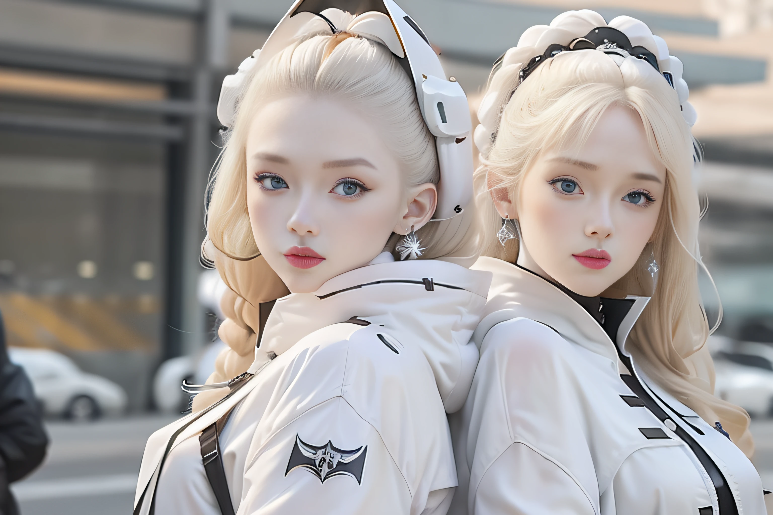 Manteau blanc,white skinned,blond hairbl,Need,Zhu lips,ear jewelry,mechs,Royal Sister Fan