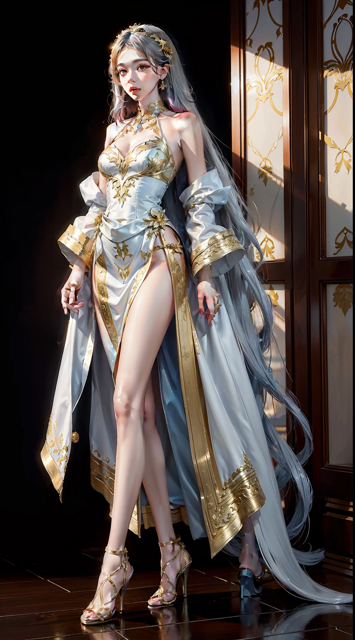 Gold pattern wedding dress,gleaming in the sunlight,Kizi,Silver hair ornament,cropped shoulders,Long blue wavy hair that reaches the waist,Gold-tone high heels,Long legs,blackstockings