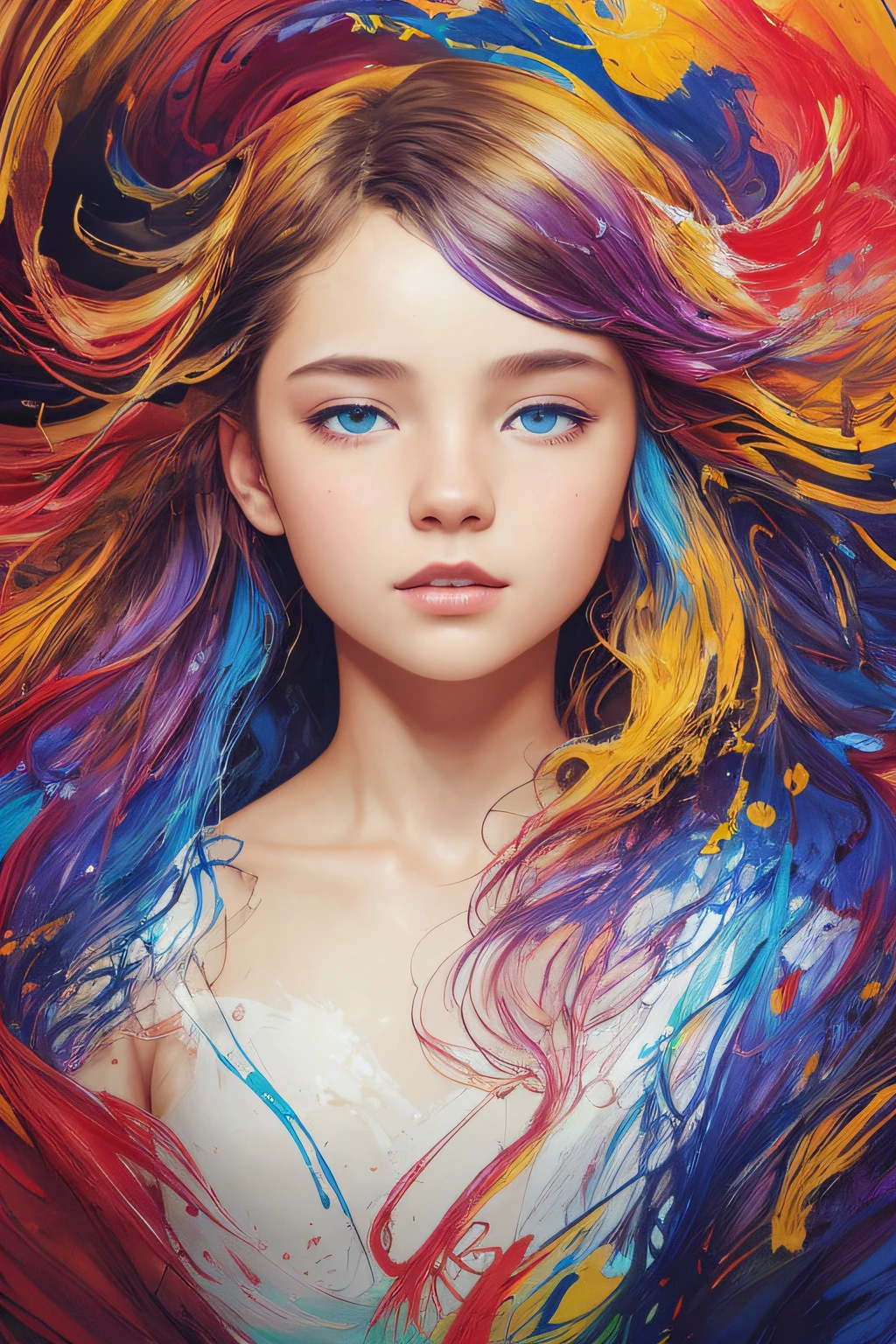 Colorful beautiful girl: a giru 8-years old, messy hair, oil painting, nice perfect face with soft skinice perfect face, blue yellow colors, light purple and violet additions, light red additions, intricate detail, splash screen, 8k resolution, masterpiece, cute face,artstation digital painting smooth veryBlack ink flow: 8k resolution photorealistic masterpiece: intricately detailed fluid gouache painting: by Jean Baptiste Mongue: calligraphy: acrylic: watercolor art, professional photography, natural lighting, volumetric lighting maximalist photoillustration: by marton bobzert:, complex, elegant, expansive, fantastical,  wavy hair, vibrant